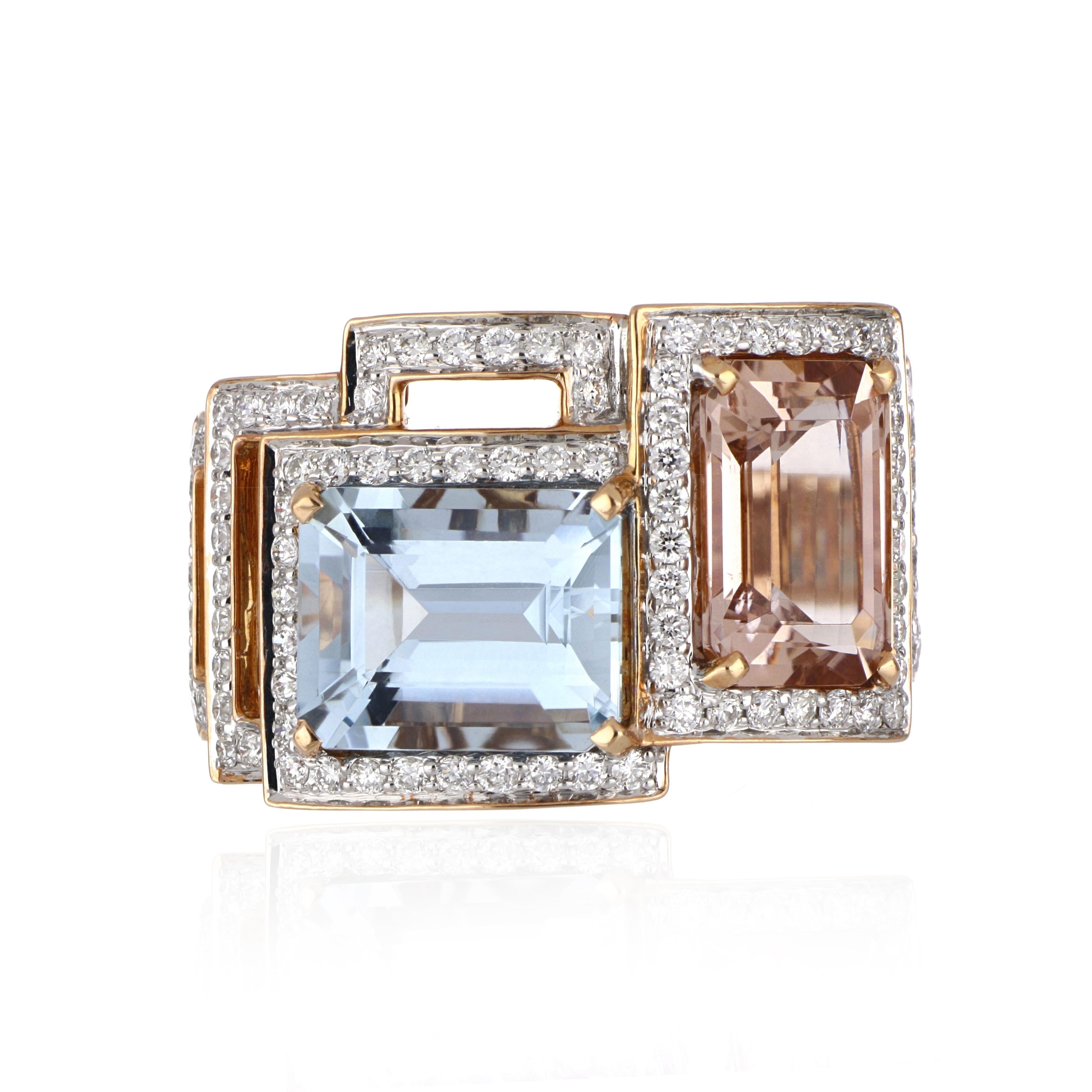 Elegant and exquisitely detailed Geometrical Cocktail 18K Ring, centre set with 2.37 Ct Octagon Morganite and 3.03 Ct Octagon Aquamarine, surrounded by and enhanced on shank with micro pave Diamonds, weighing approx. 0.69 total carat weight.