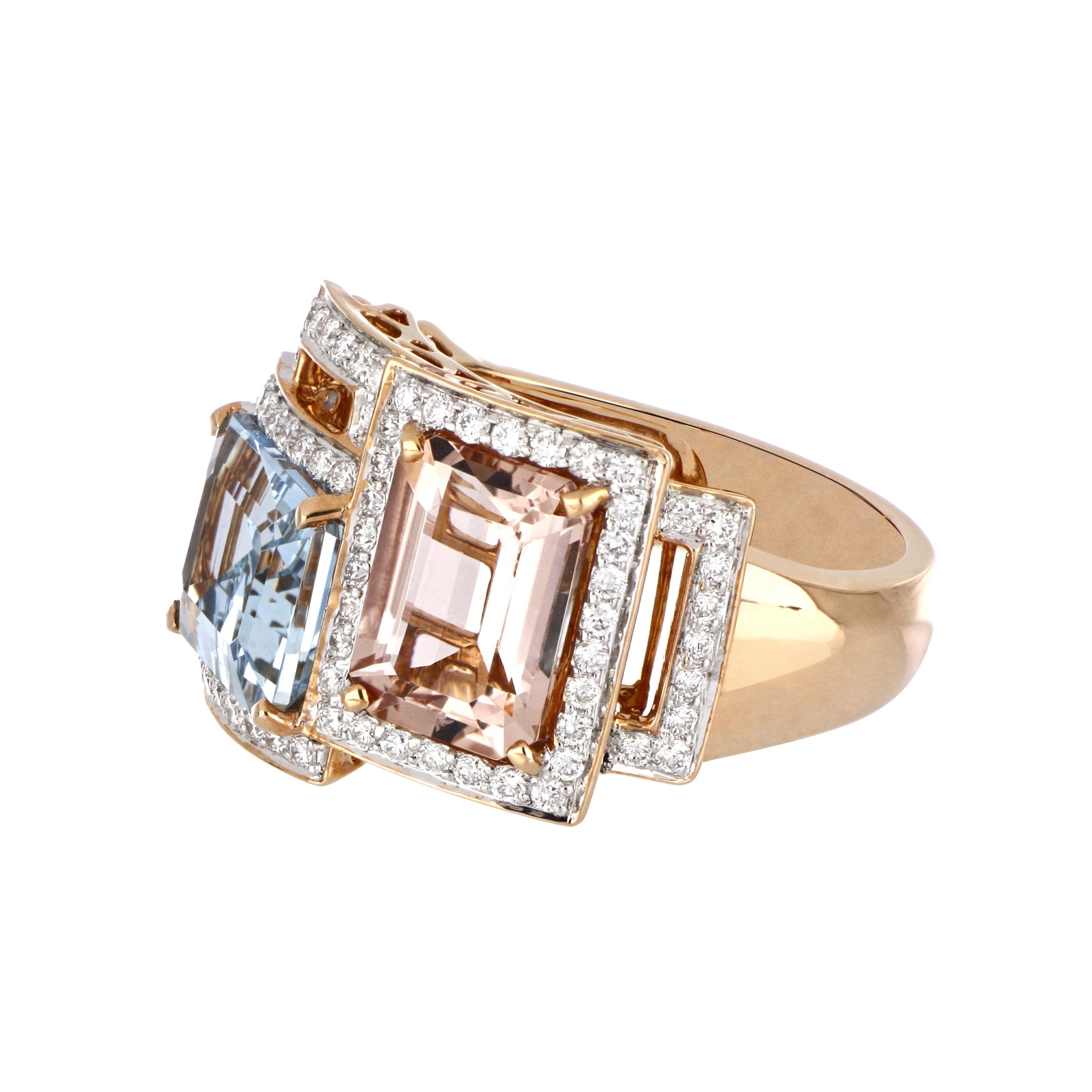 Contemporary 5.40 Carat Total Morganite and Aquamarine Ring with Diamonds 18 Karat Rose Gold For Sale