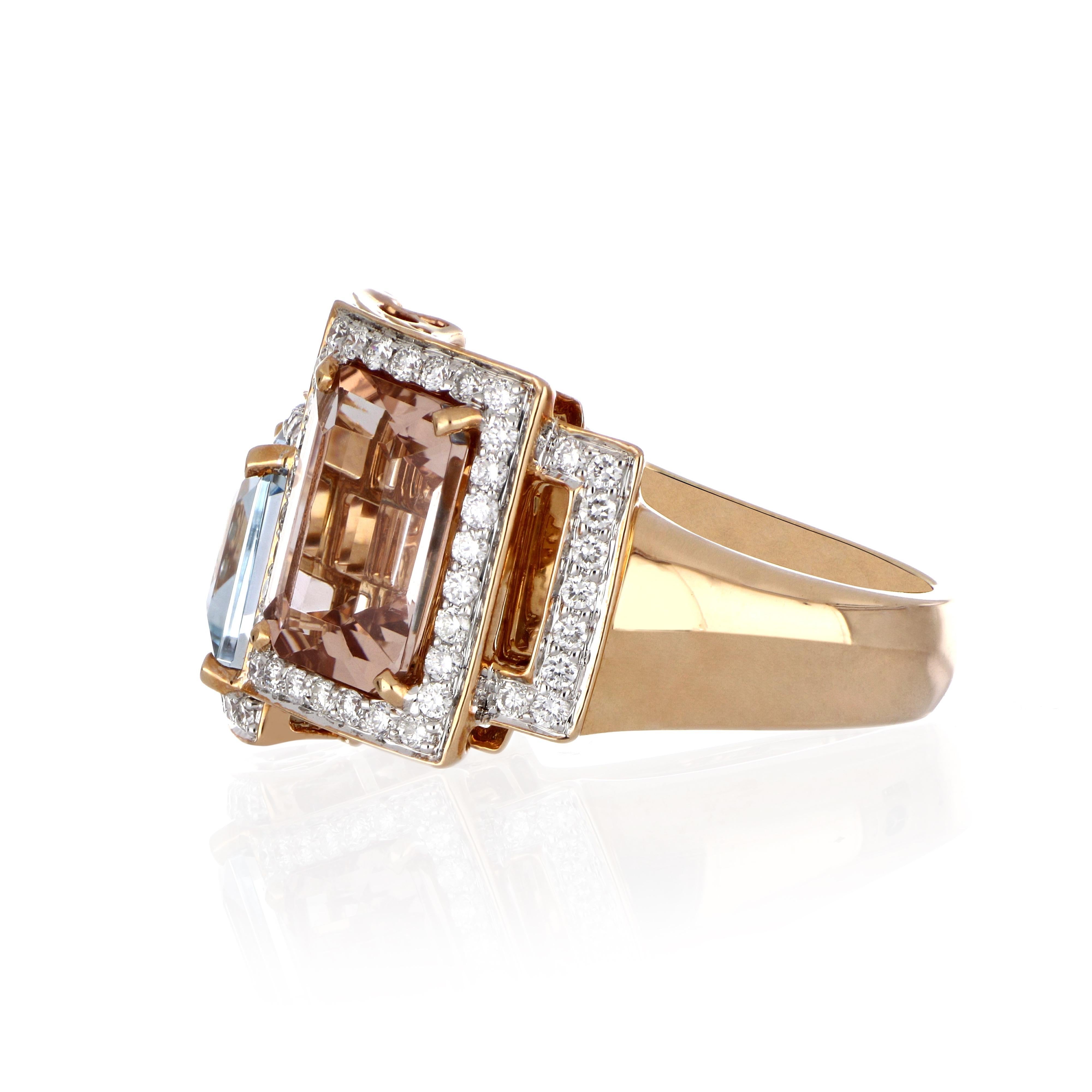 Octagon Cut 5.40 Carat Total Morganite and Aquamarine Ring with Diamonds 18 Karat Rose Gold For Sale