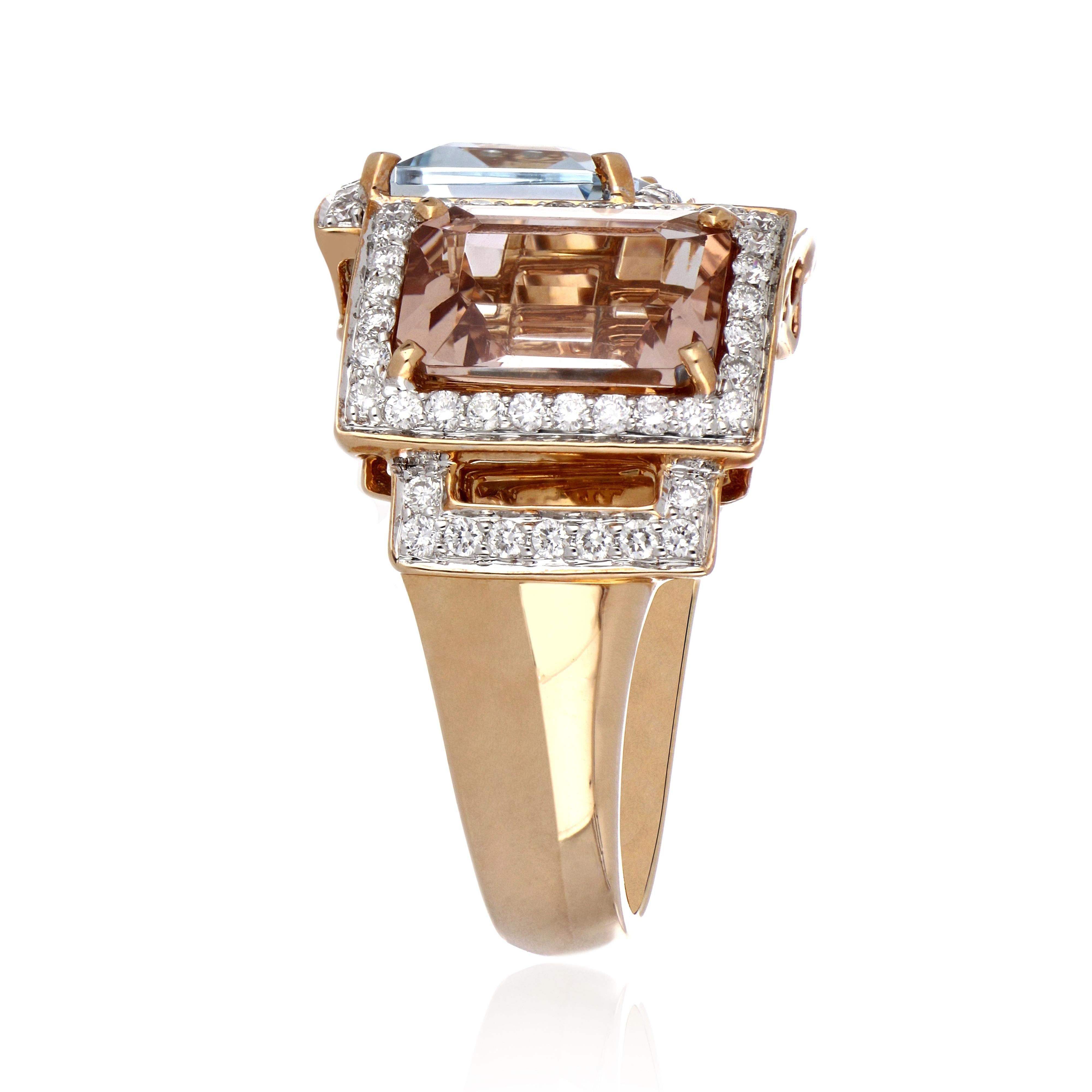 5.40 Carat Total Morganite and Aquamarine Ring with Diamonds 18 Karat Rose Gold In New Condition For Sale In JAIPUR, IN