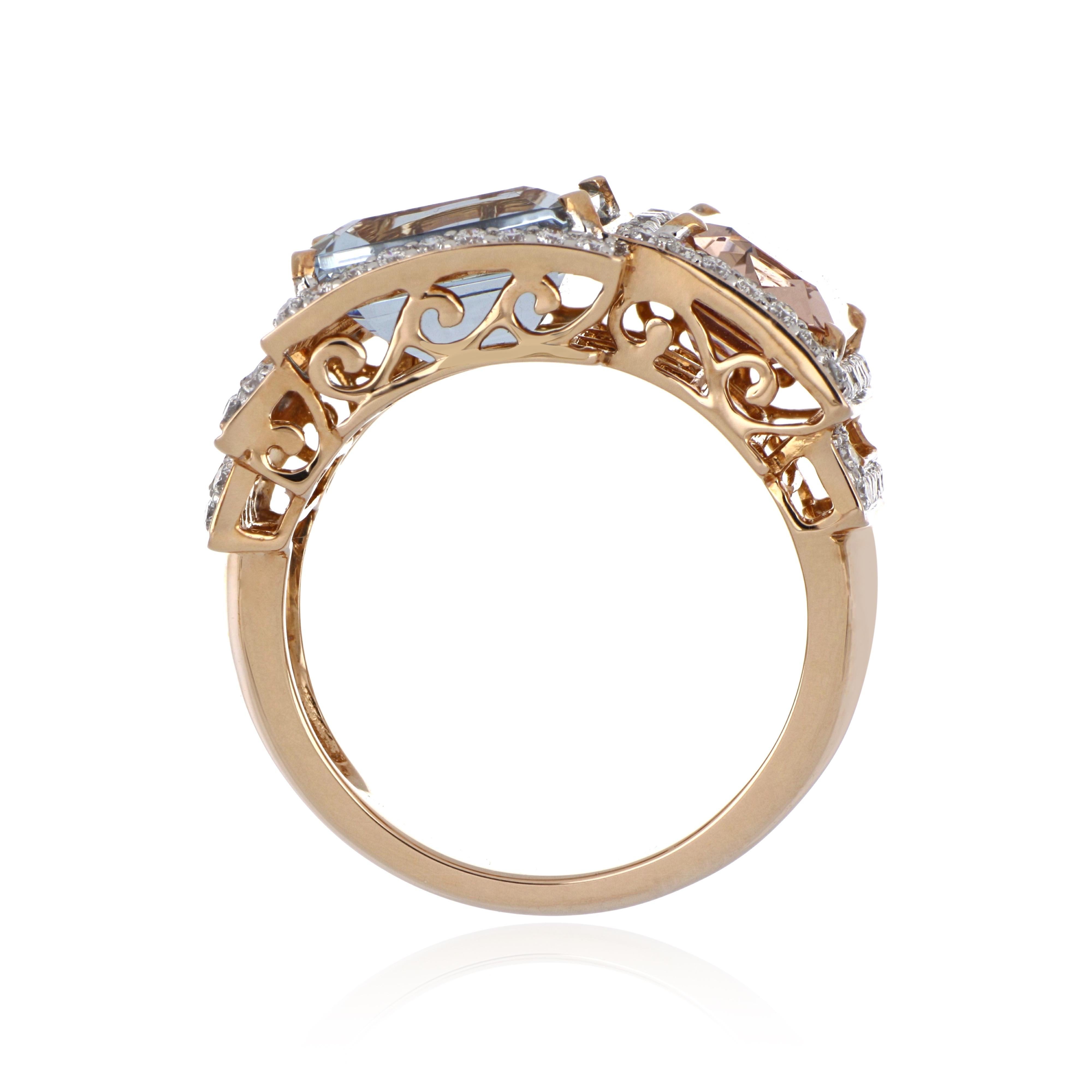 Ring aus 18 Karat Roségold mit 5,40 Karat Morganit und Aquamarin mit Diamanten Damen im Angebot