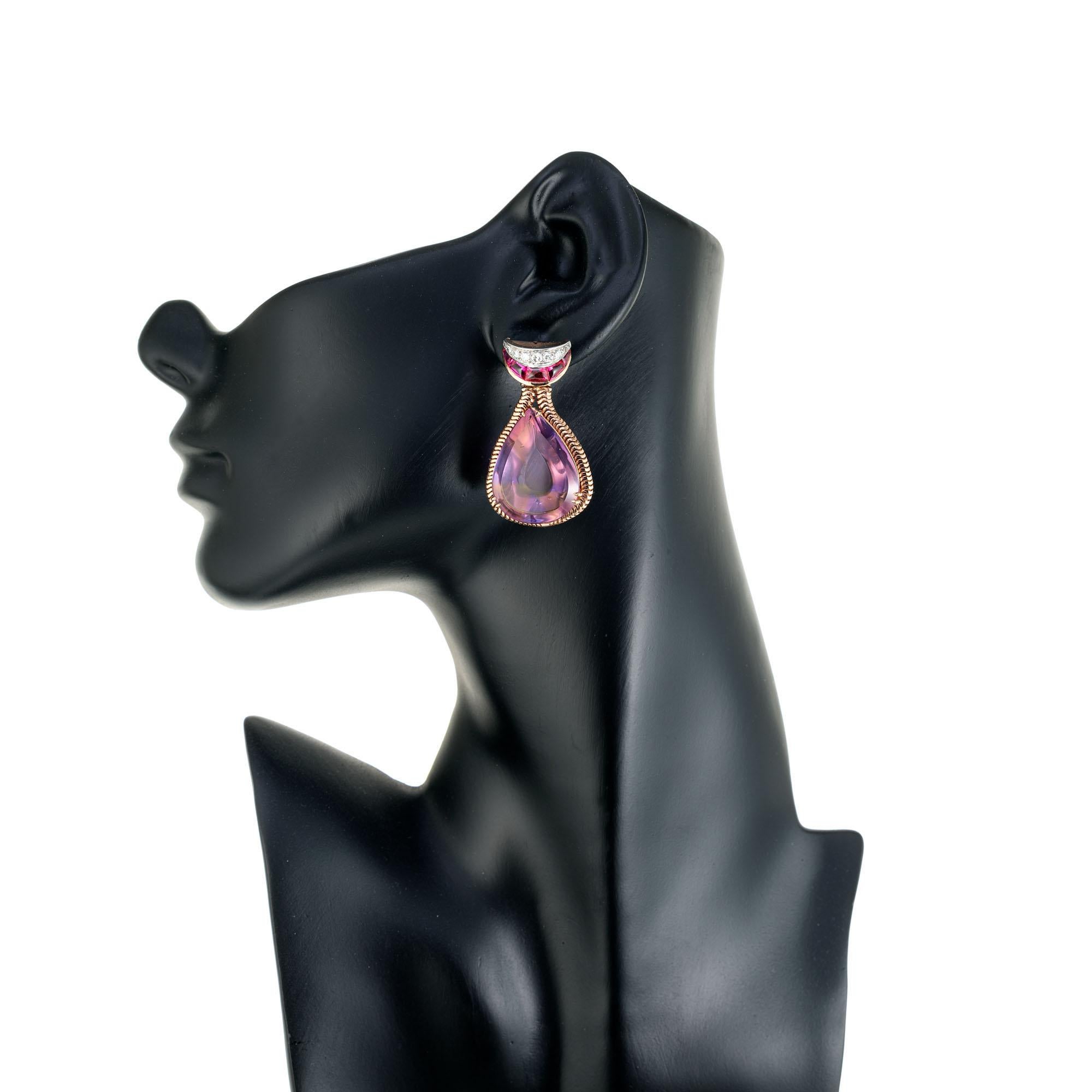 54.00 Carat Pear Shaped Amethyst Citrine Diamond Rose Gold Dangle Earrings In Good Condition For Sale In Stamford, CT