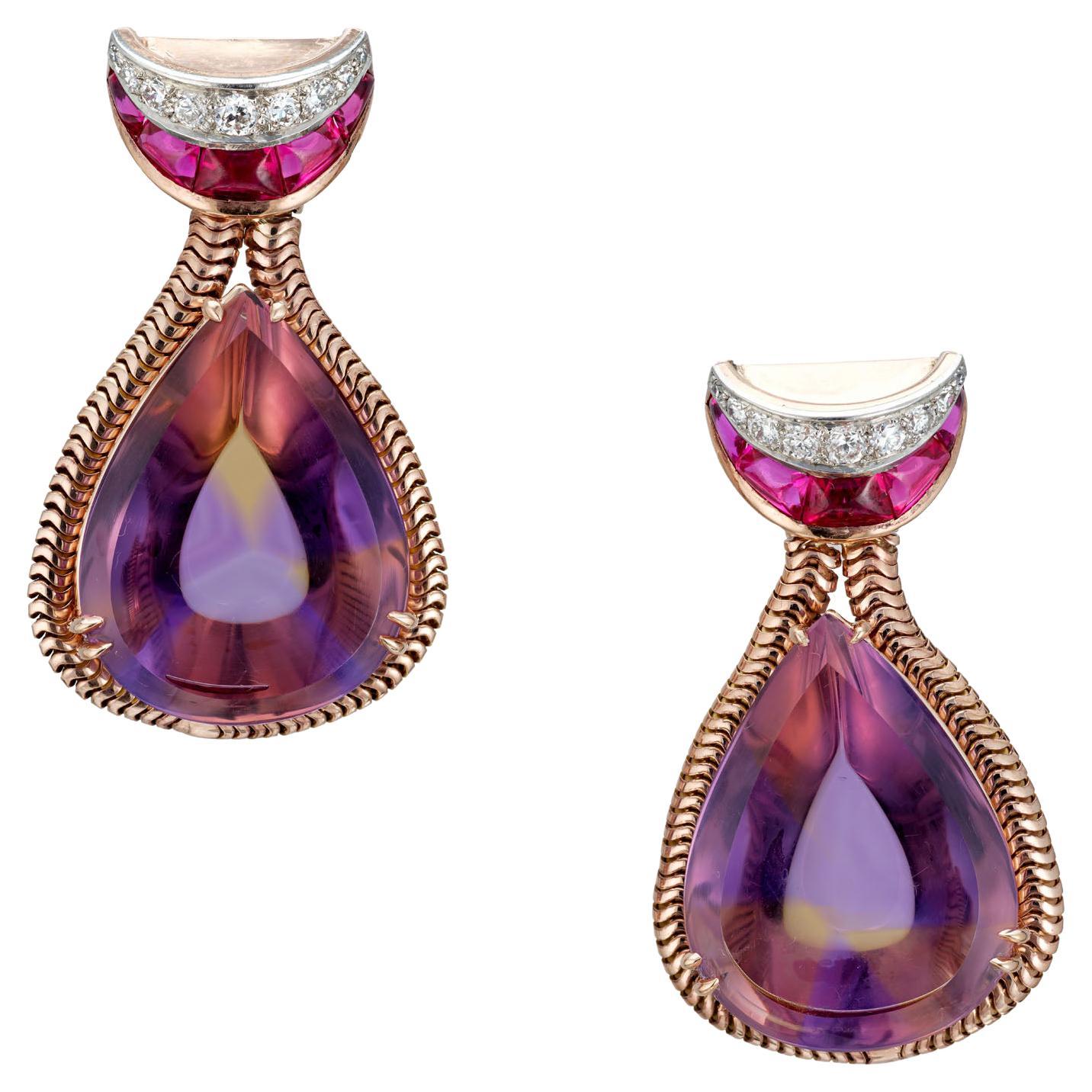 54.00 Carat Pear Shaped Amethyst Citrine Diamond Rose Gold Dangle Earrings For Sale
