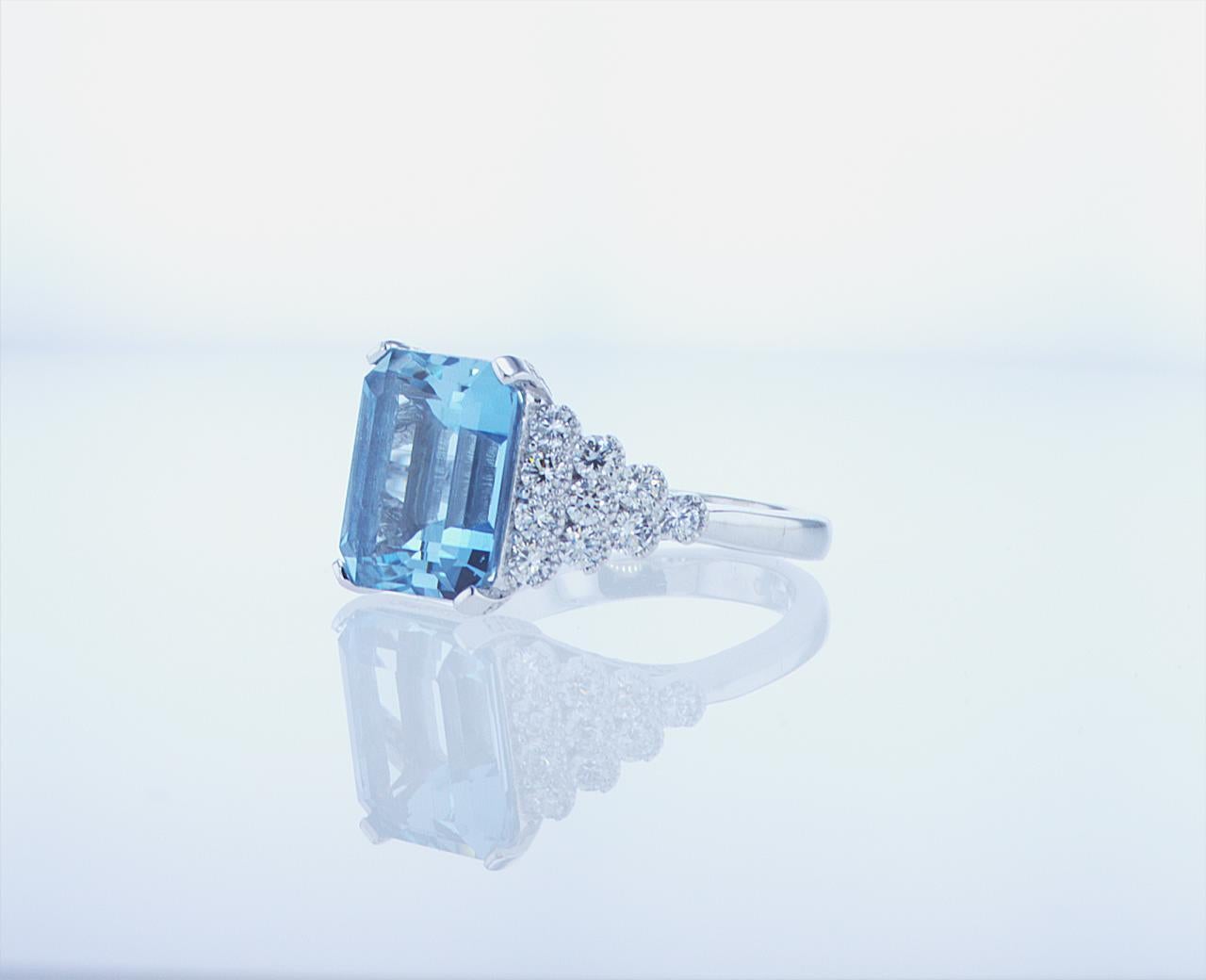 Emerald Cut 5.40ct Aqua Ring with over 1ct of Diamonds For Sale