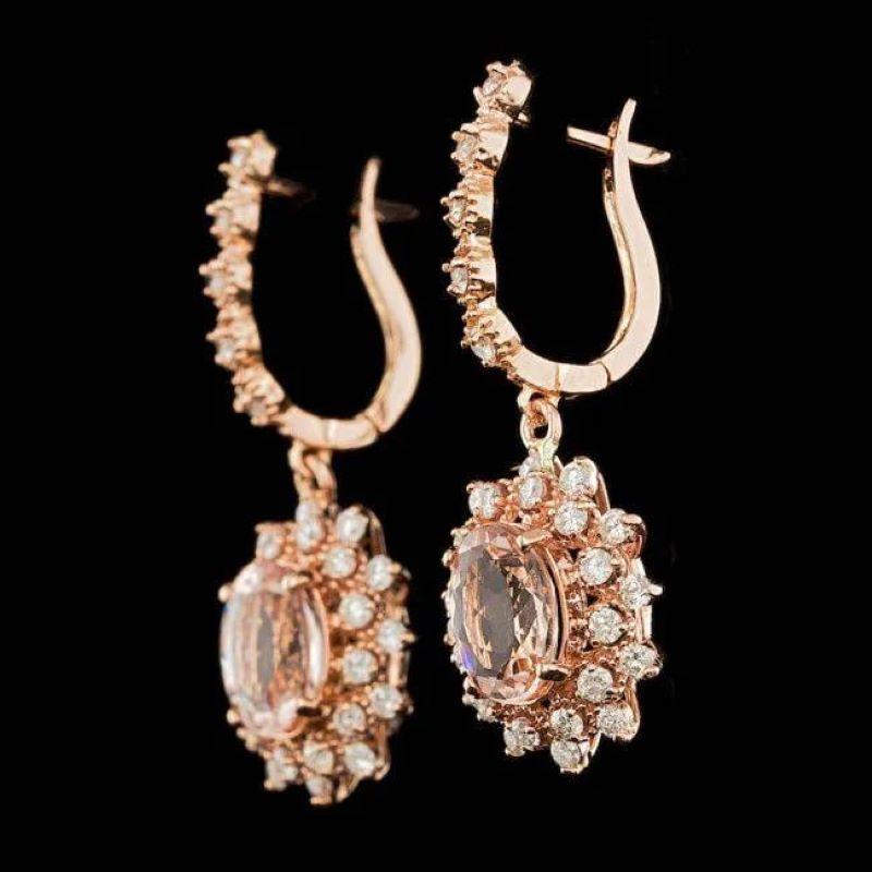 5.40Ct Natural Morganite and Diamond 14K Solid Rose Gold Earrings

Total Natural Oval Cut Morganites Weight: Approx. 3.90 Carats 

Morganite Measures: 10 x 7 mm

Total Natural Round Cut White Diamonds Weight: 1.50 Carats (color G-H / Clarity