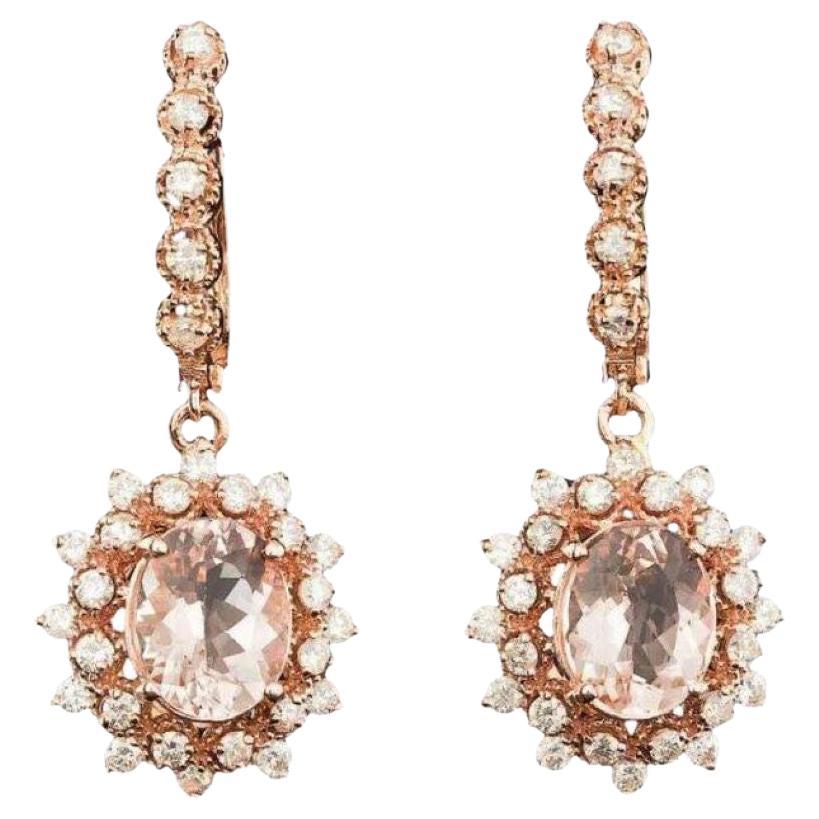 Boucles d'oreilles en or rose massif 14 carats avec Morganite naturelle de 5,40 carats et diamants