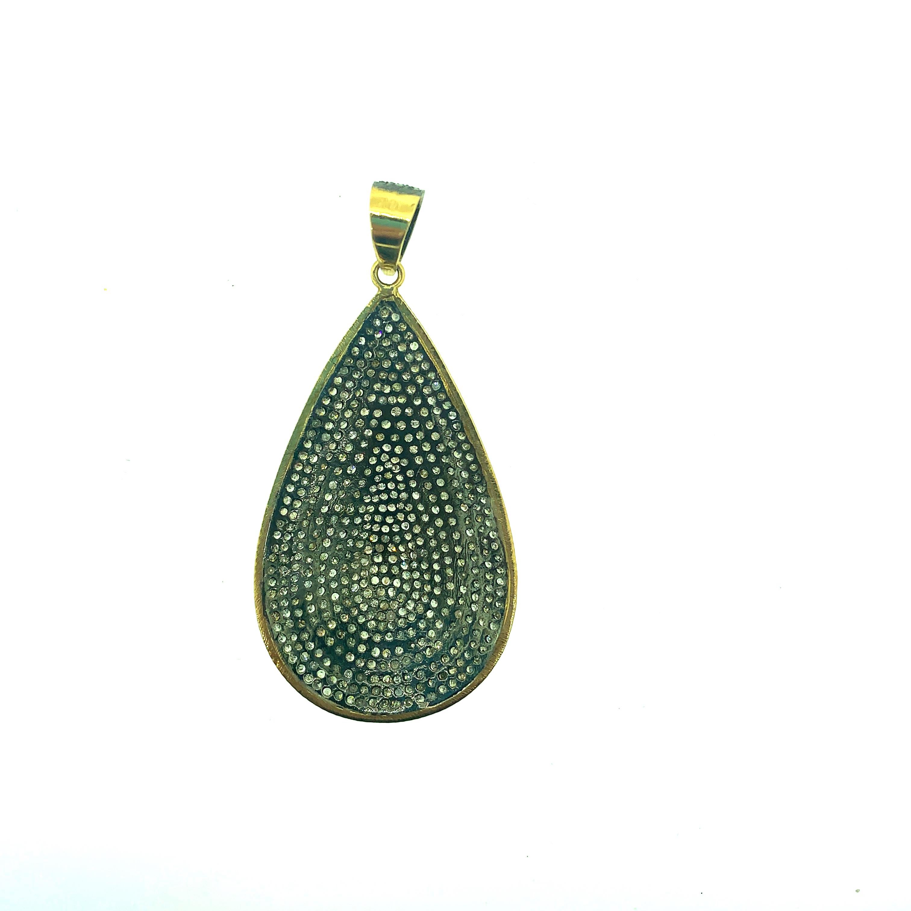 5.40 Carat Pave Diamond Teardrop Pendant in Oxidized Sterling Silver, 14Kt Gold In New Condition For Sale In New York, NY