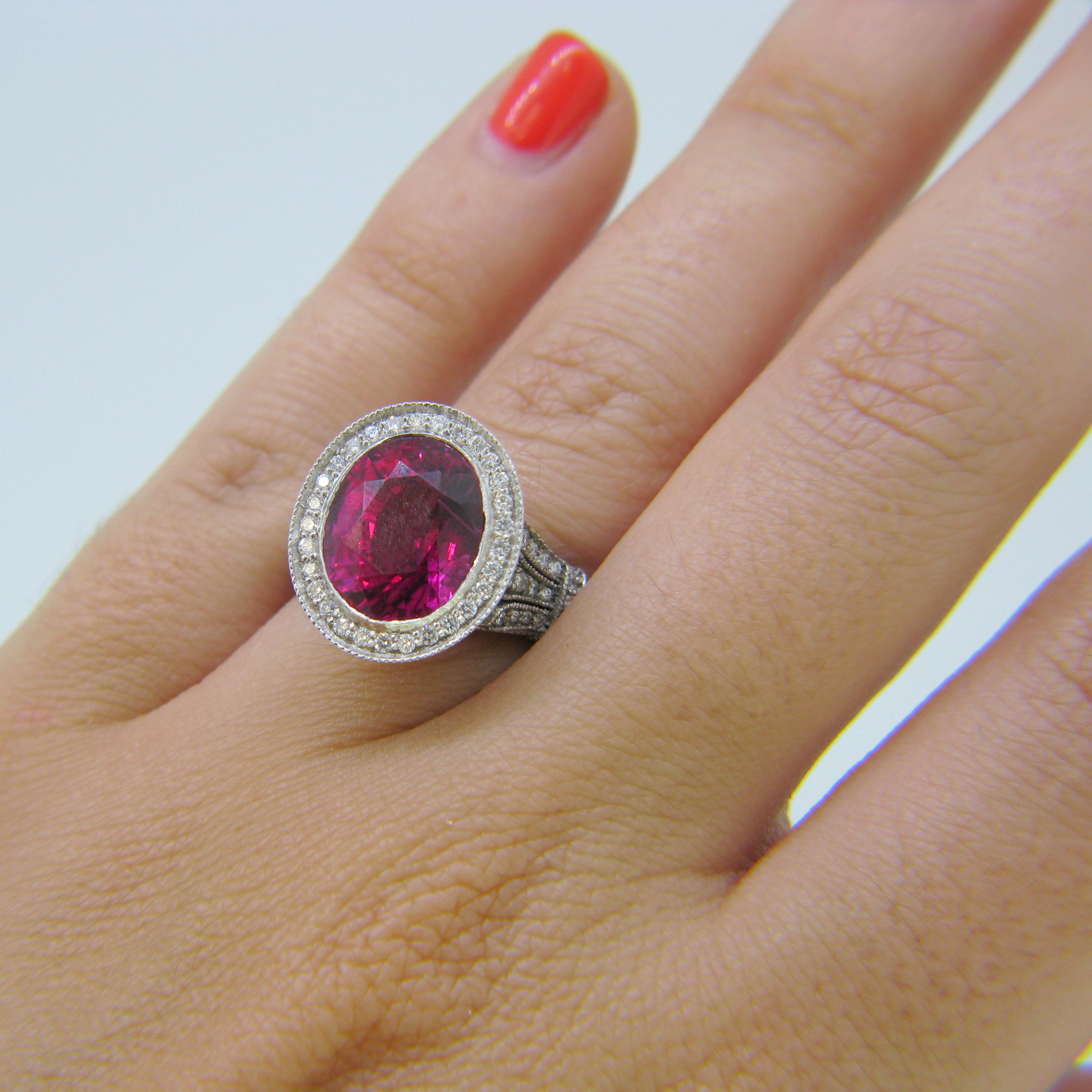 5.40 Carat Rubellite Tourmaline Diamonds Cluster White Gold Cocktail Ring For Sale 1