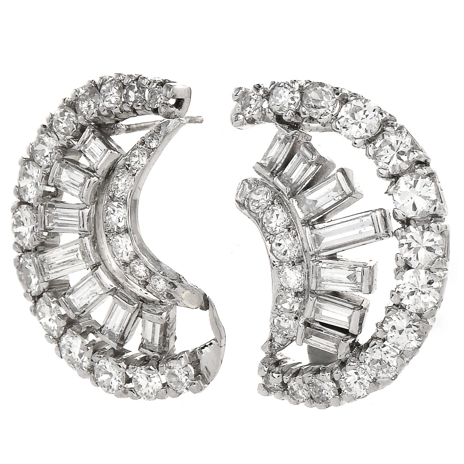 Retro 5.40cts Diamond Platinum Round Baguette Diamond Crescent Earrings For Sale