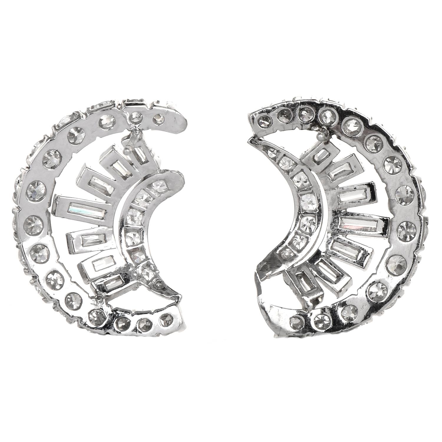 Baguette Cut 5.40cts Diamond Platinum Round Baguette Diamond Crescent Earrings For Sale
