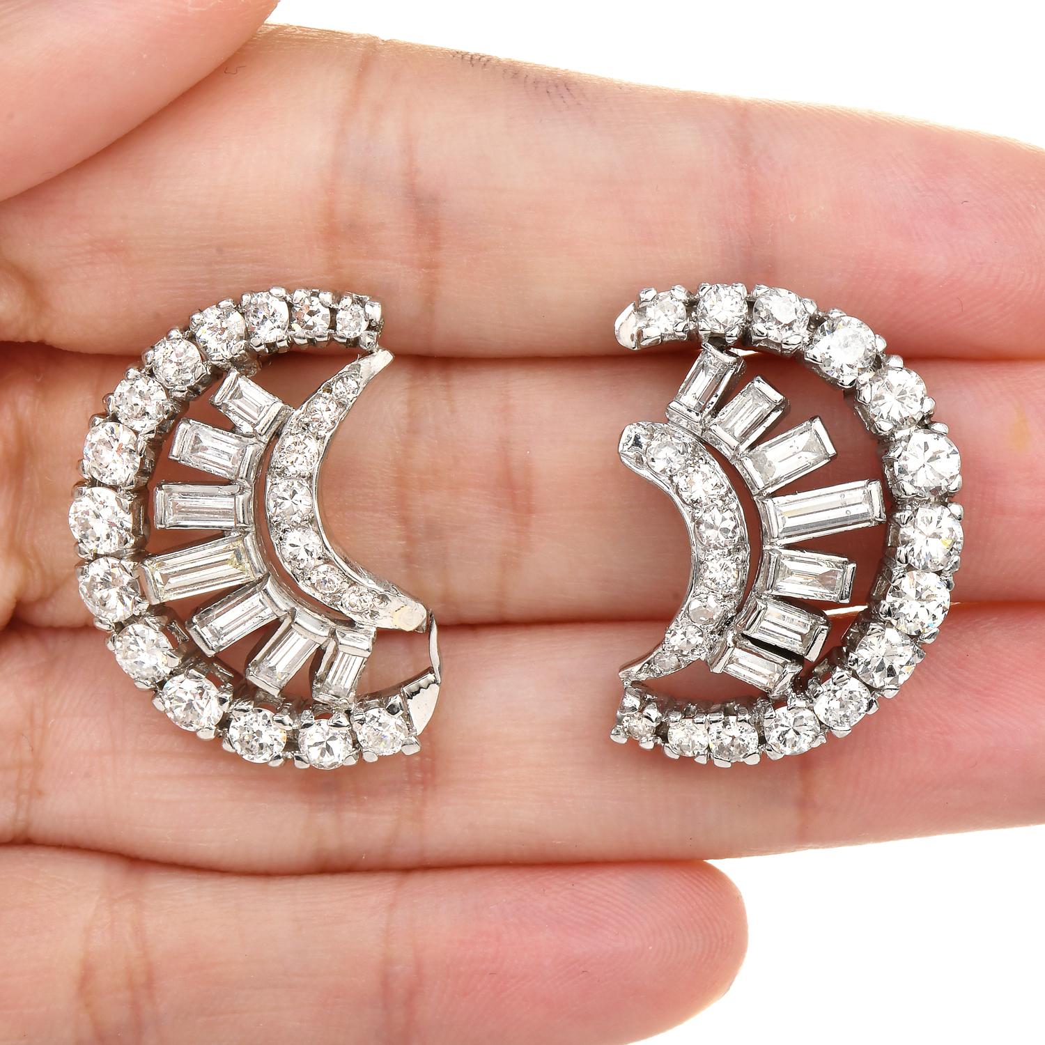 5.40cts Diamond Platinum Round Baguette Diamond Crescent Earrings In Excellent Condition For Sale In Miami, FL