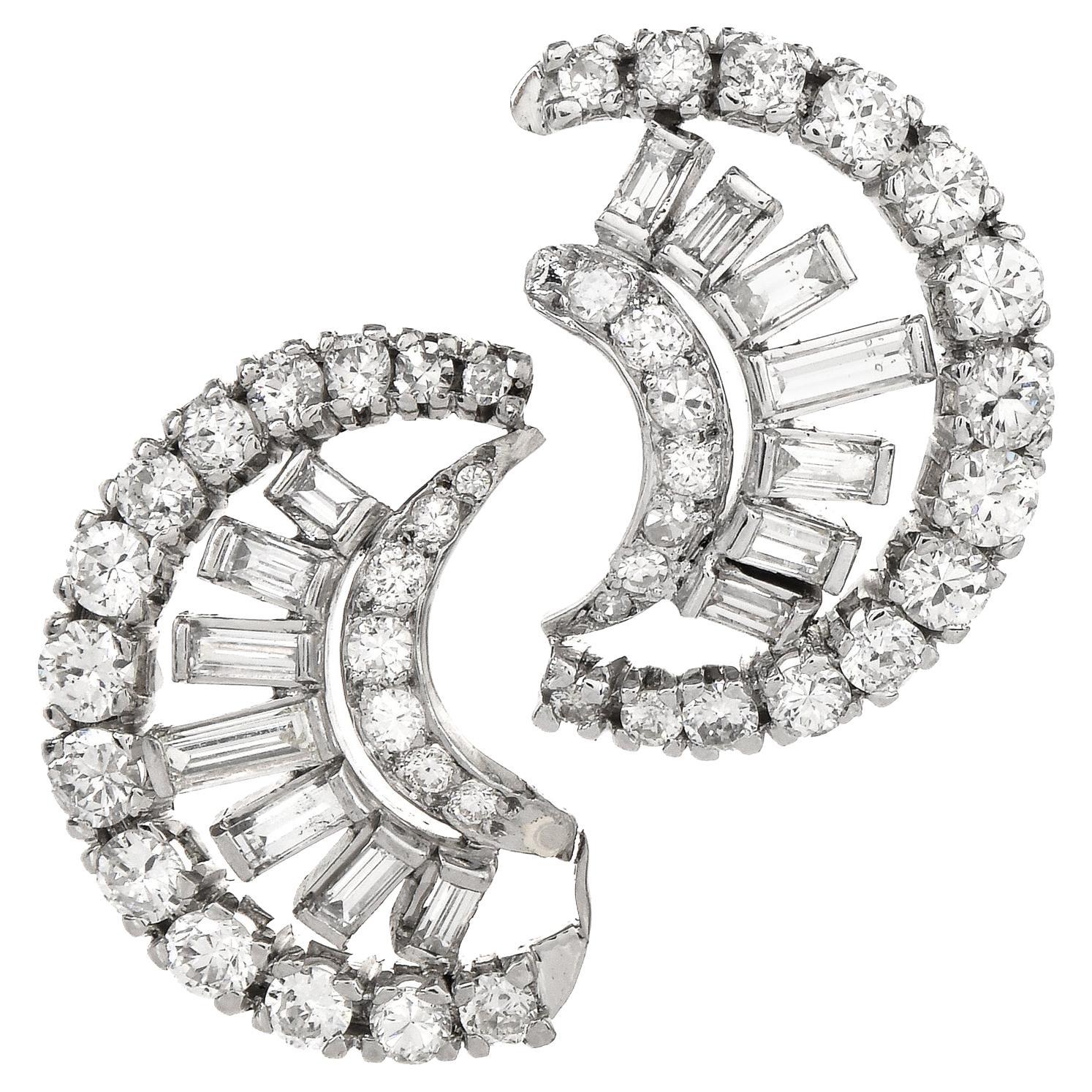 5.40cts Diamond Platinum Round Baguette Diamond Crescent Earrings