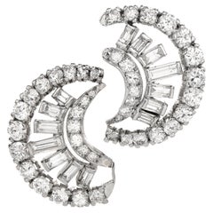 Vintage 5.40cts Diamond Platinum Round Baguette Diamond Crescent Earrings