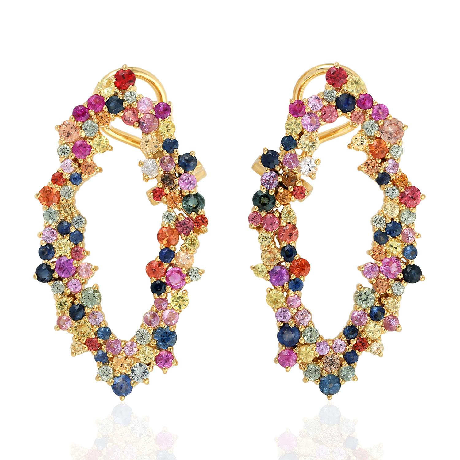 Mixed Cut 5.41 Carat Multi Sapphire 18 Karat Gold Earrings For Sale