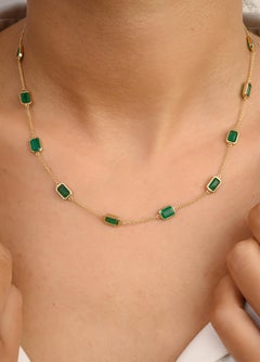 5.41 Carat Octagon Emerald Station Chain Necklace in 14k Solid Yellow Gold