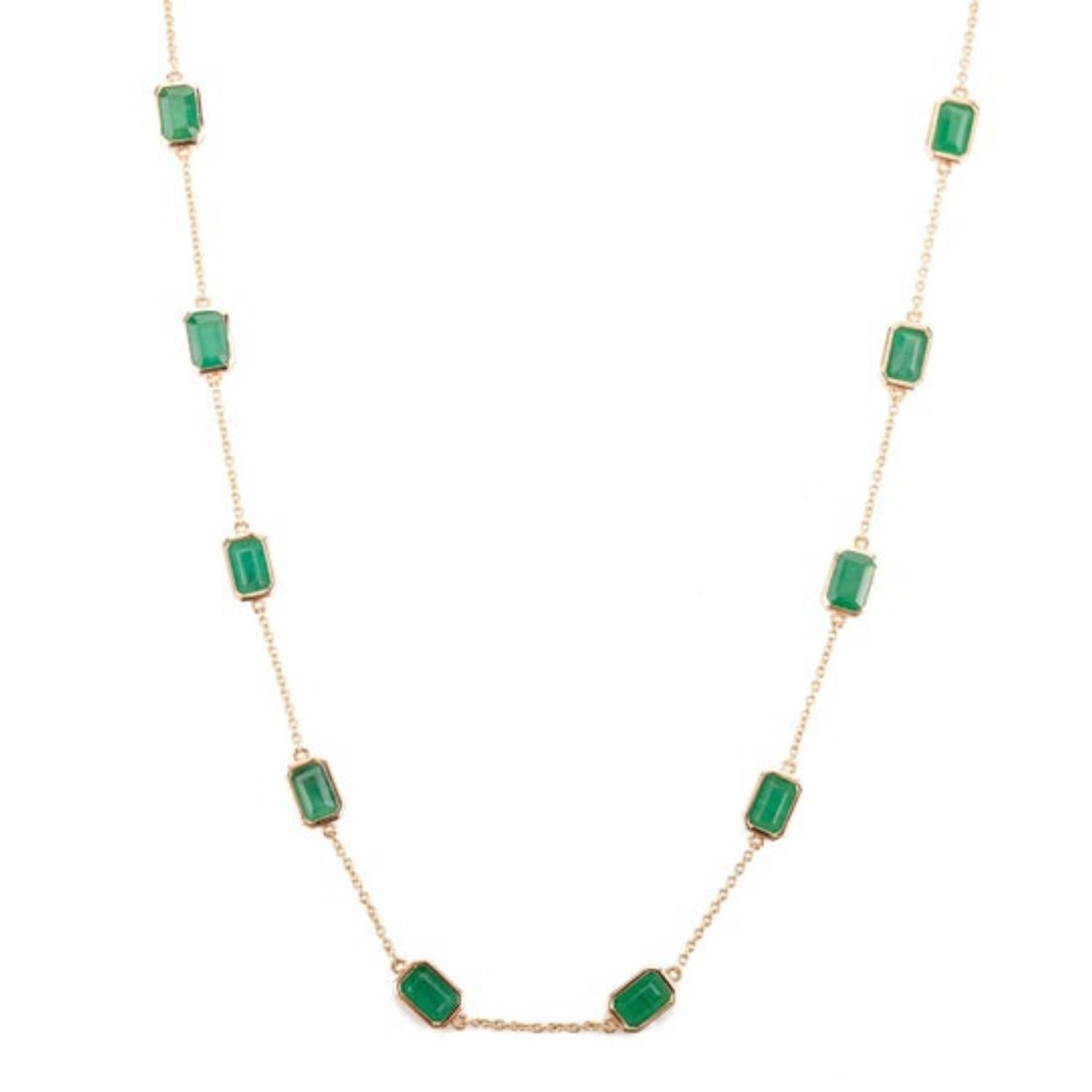 Collier à chaîne station avec émeraudes octogonales de 5,41 carats en or jaune massif 14 carats