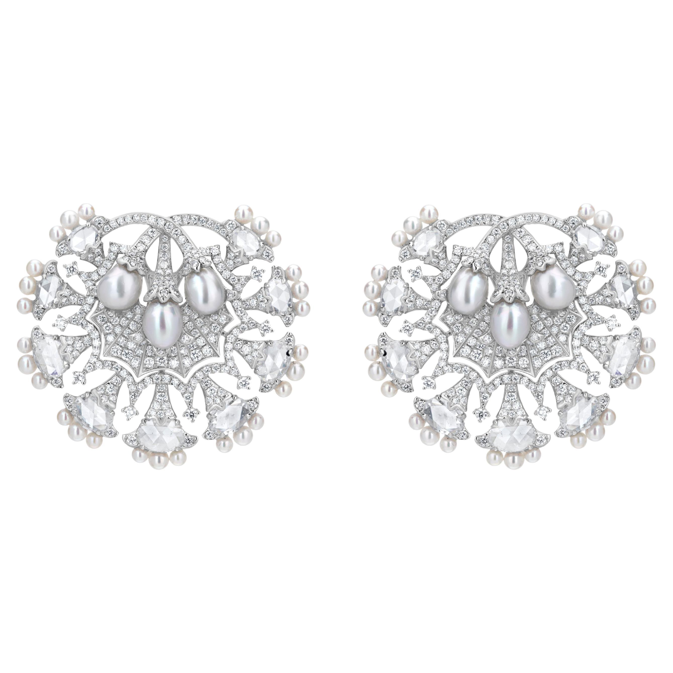 5.41 Carat Oval Rose Cut Diamond and Pearl Stud Earrings in 18K White Gold