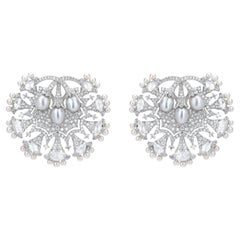 5.41 Carat Oval Rose Cut Diamond and Pearl Stud Earrings in 18K White Gold