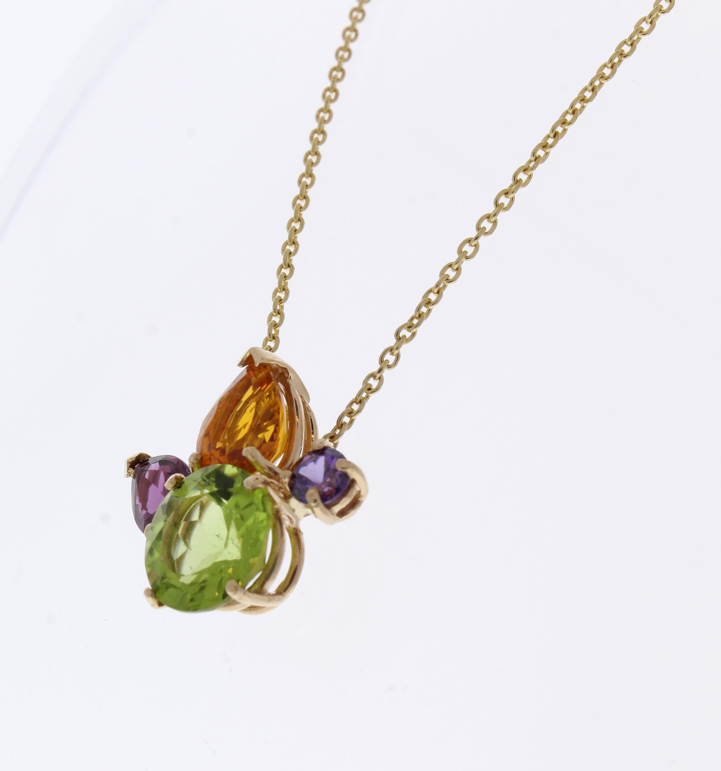5.41 Carat Total Amethyst, Citrine, Peridot, Garnet Pendant Necklace In 14 K Y/G In New Condition In Chicago, IL