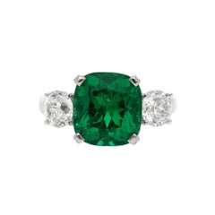5.41 Carat Vivid Green Colombian Muzo Emerald & Old Euro Diamond 3 Stone Ring