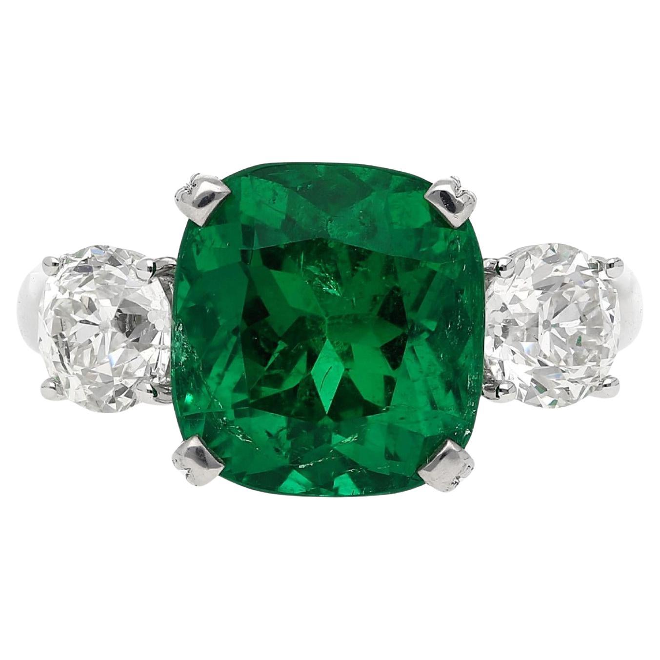 5.41 Carat Vivid Green Colombian Muzo Emerald & Old Euro Diamond 3 Stone Ring