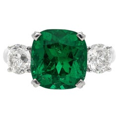 5.41 Carat Vivid Green Colombian Muzo Emerald & Old Euro Diamond 3 Stone Ring