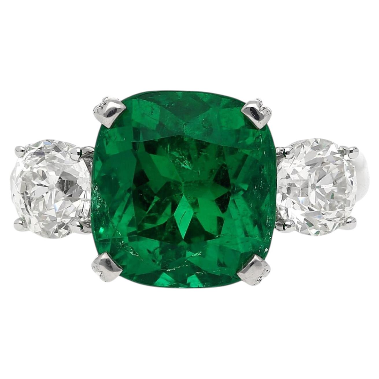 5.41 Carat Vivid Green Colombian Muzo Emerald & Old Euro Diamond 3 Stone Ring