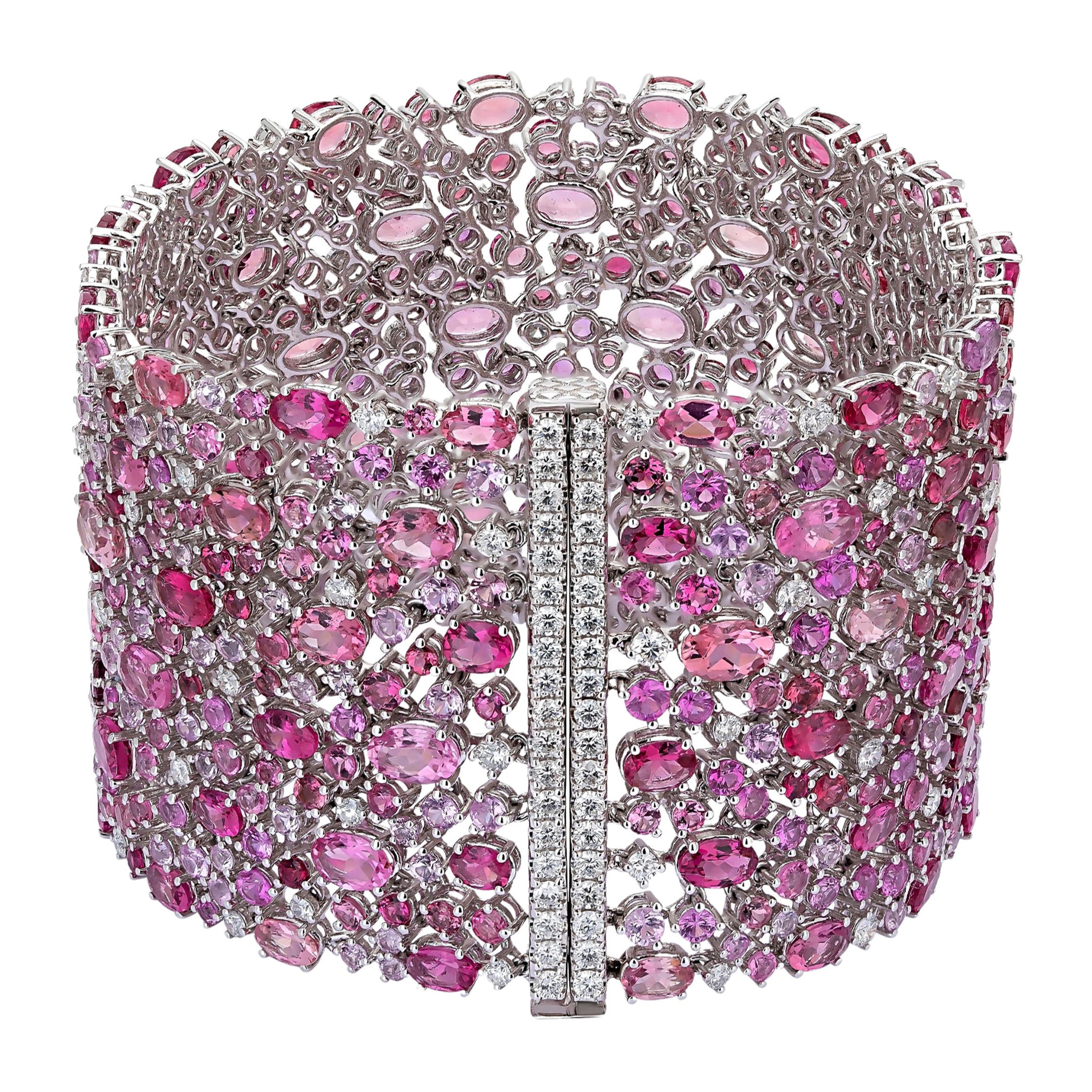 54,11 Karat rosa Saphir und rosa Turmalin Breites Armband mit Diamant