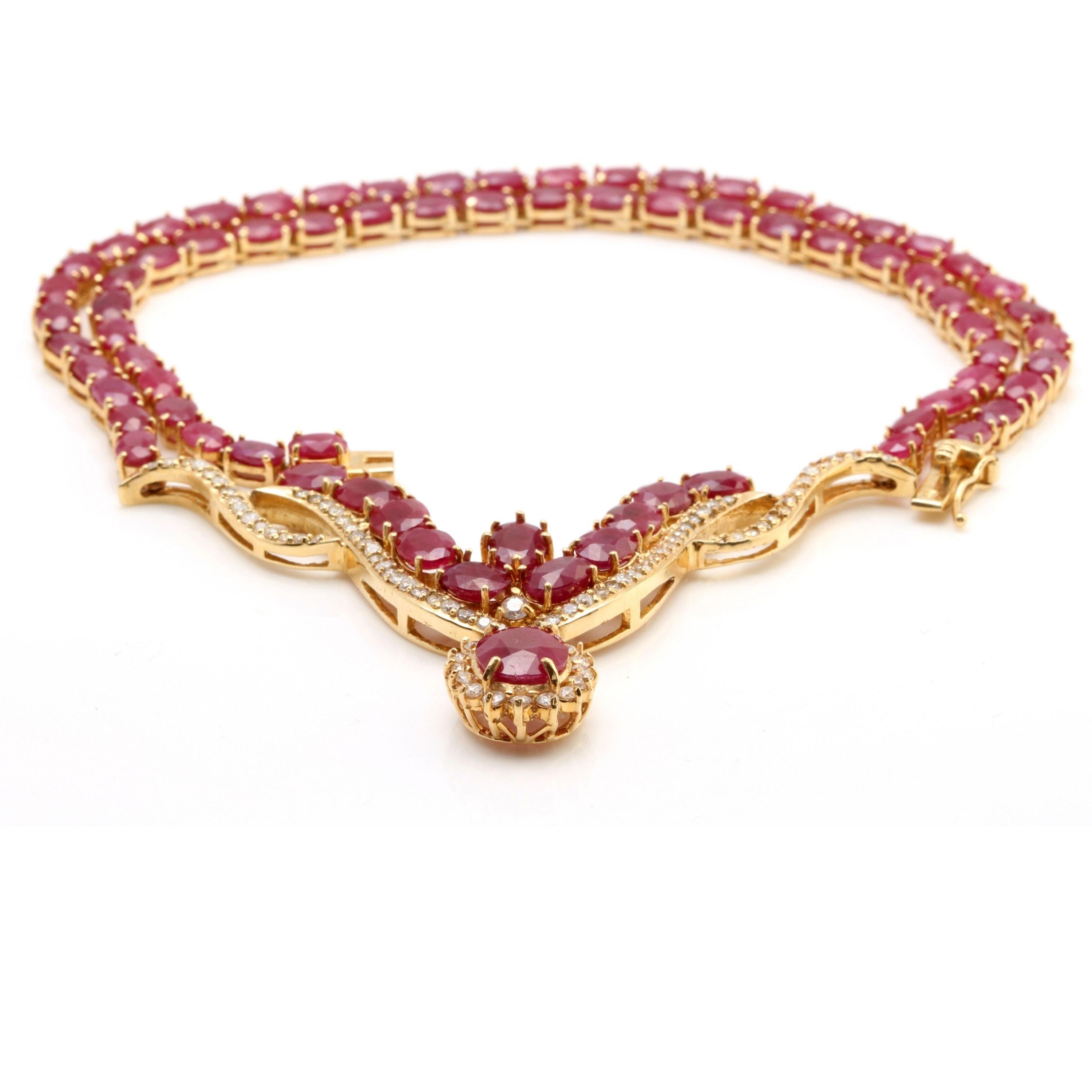 54.14Ct Natural Red Ruby and Diamond 14K Solid Yellow Gold Necklace

Amazing looking piece!

Stamped: 14K

Total Natural Oval Rubies Weight is Approx. 48.62 Carats

Center Natural Ruby Weight is: 3.80 Carats

Total Natural Diamond Weight is: 1.72Ct