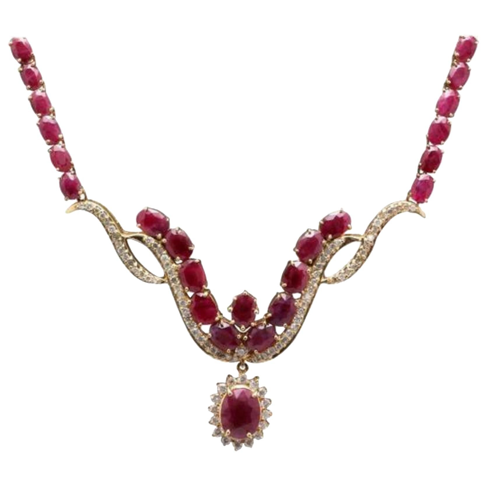 54.14 Carat Natural Red Ruby and Diamond 14 Karat Solid Yellow Gold Necklace For Sale