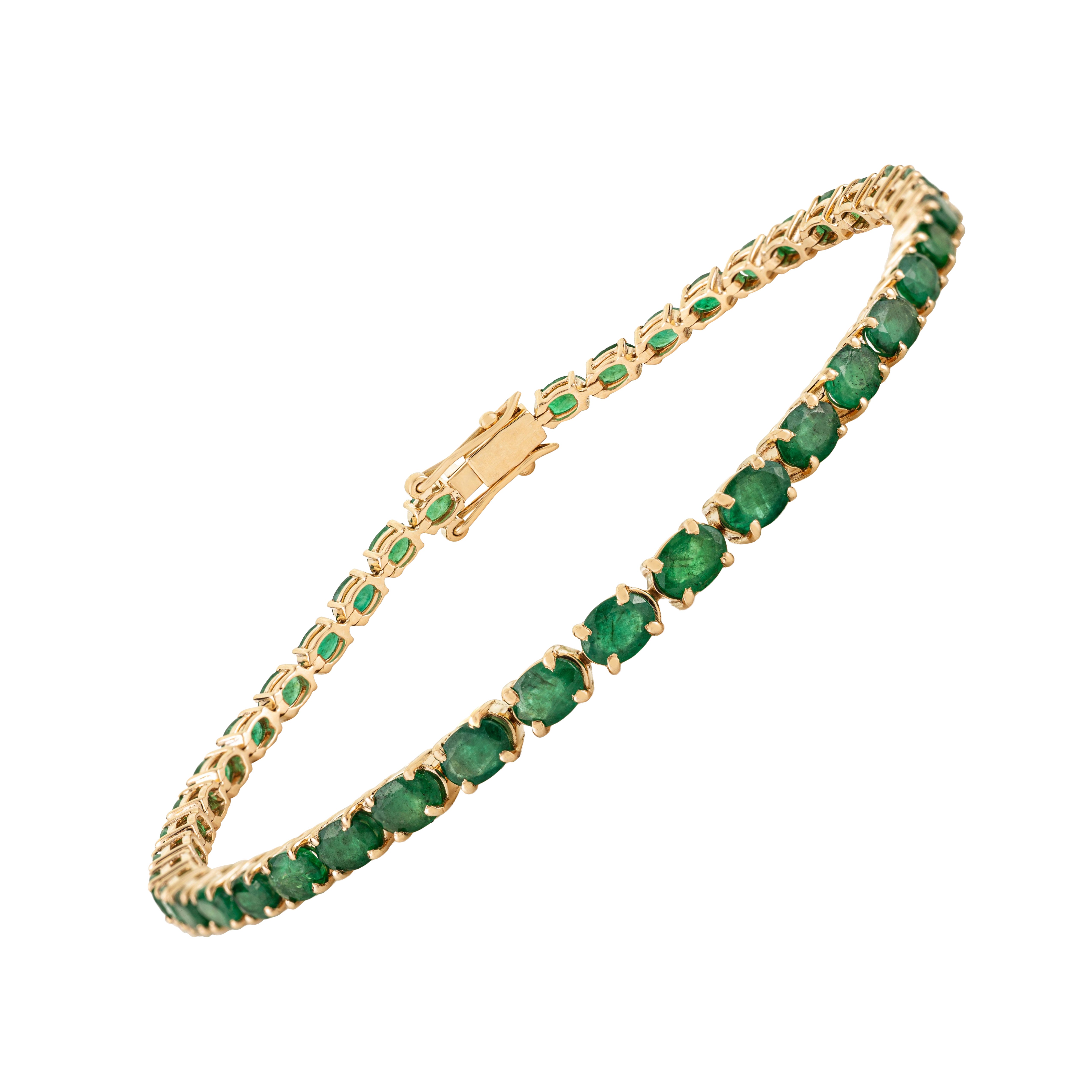 5.41CT Oval Cut Natural Zambian Emerald Sleek Tennis Bracelet in 14K Yellow Gold