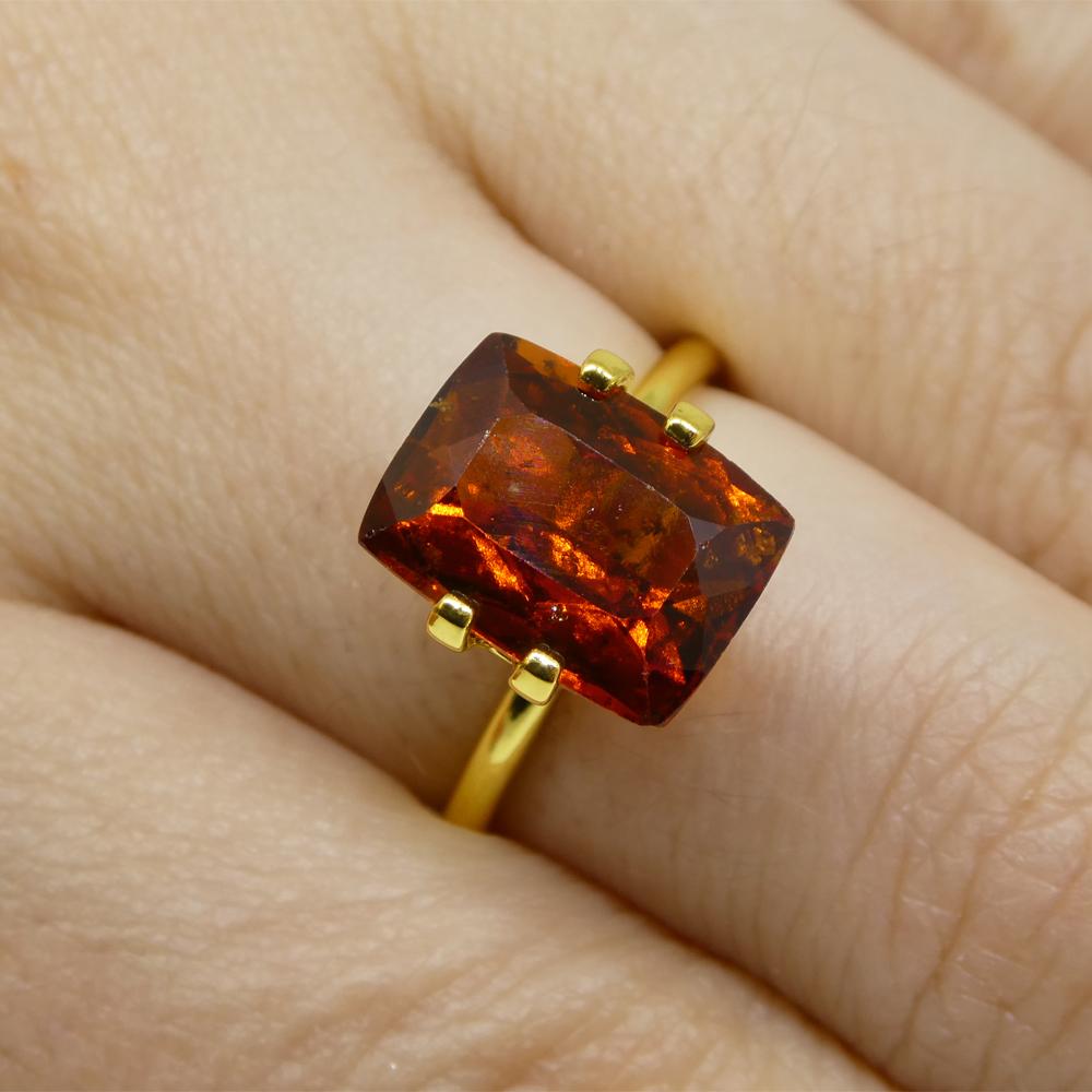 Description:

Gem Type: Hessonite Garnet
Number of Stones: 1
Weight: 5.41 cts
Measurements: 11.46 x 8.68 x 5.66 mm
Shape: Rectangular Cushion
Cutting Style Crown: Brilliant
Cutting Style Pavilion: Brilliant
Transparency: Transparent
Clarity: Very