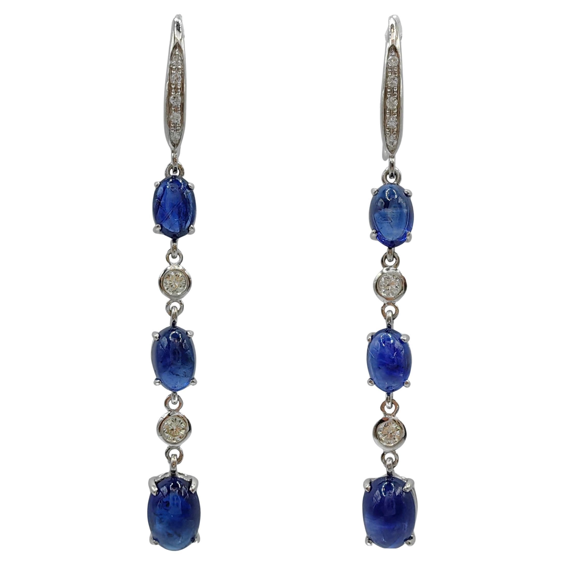 5.41ct Royal Blue Cabochon Sapphire Diamond Dangling Earrings in 18K White Gold For Sale