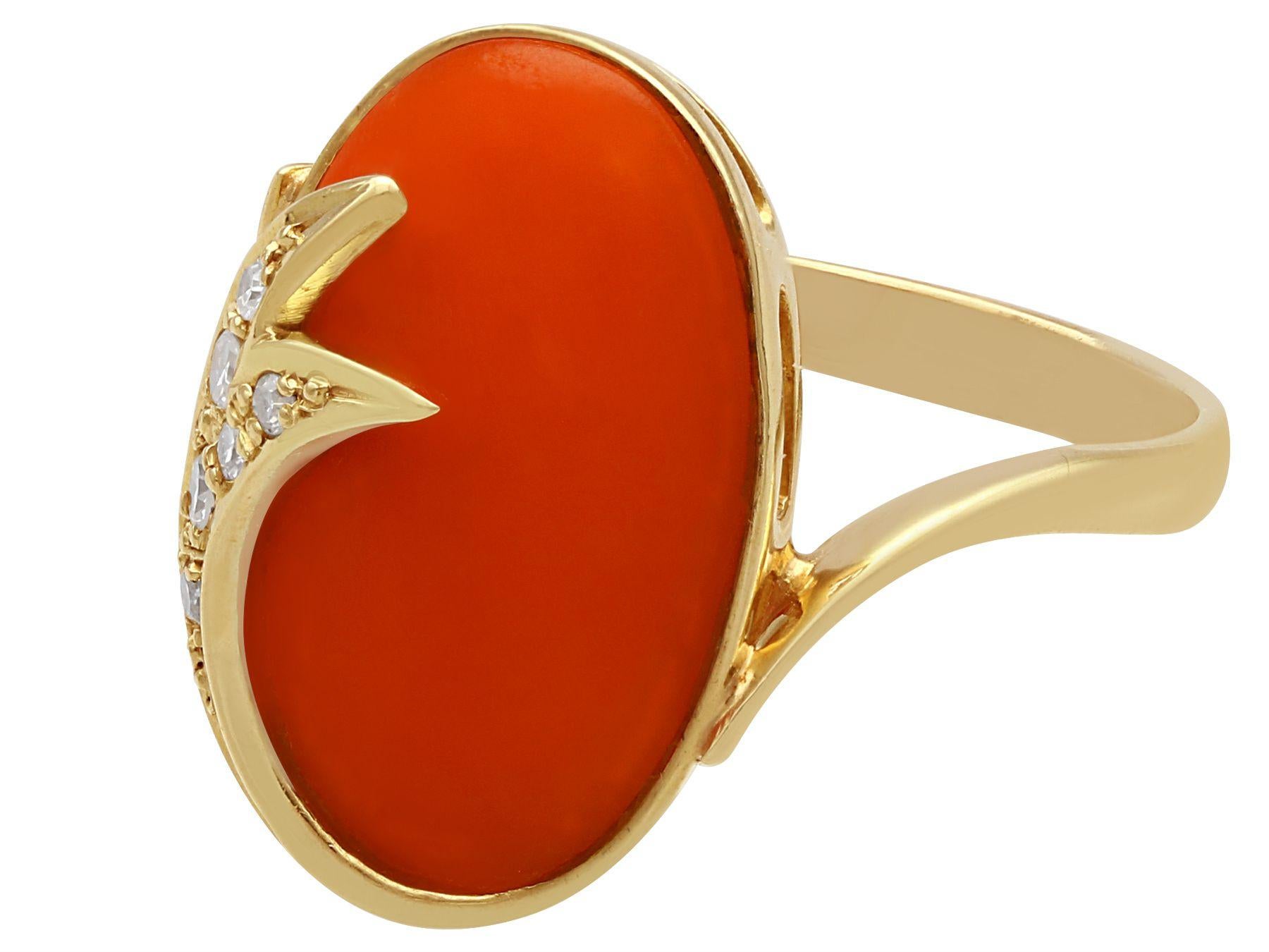 Retro 5.42 Carat Cabochon Cut Coral and Diamond Yellow Gold Cocktail Ring For Sale