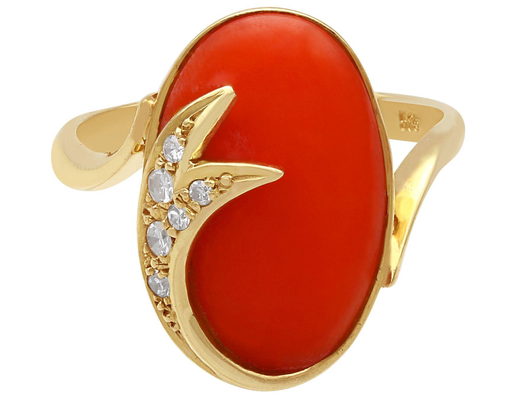 Oval Cut 5.42 Carat Cabochon Cut Coral and Diamond Yellow Gold Cocktail Ring For Sale