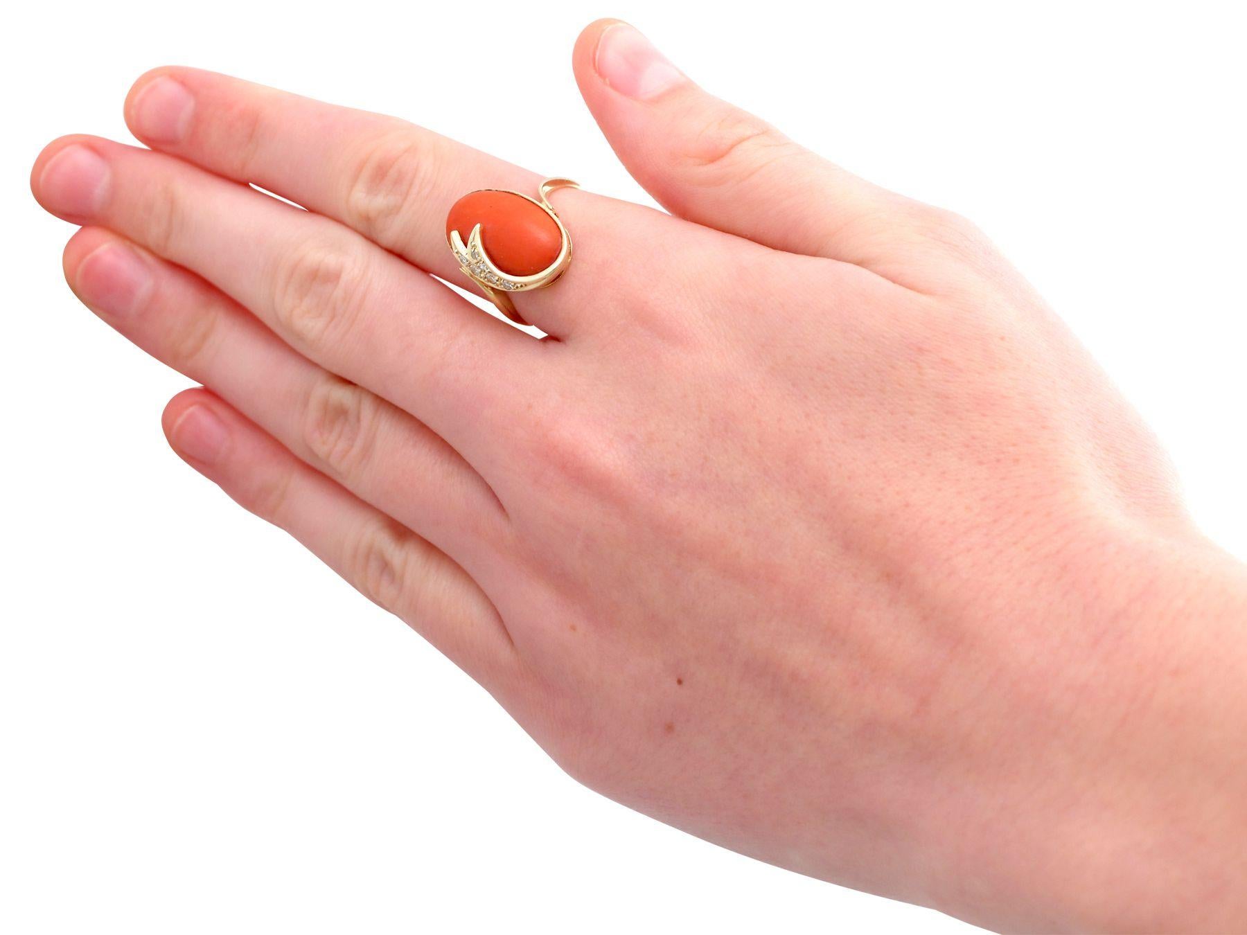 Women's 5.42 Carat Cabochon Cut Coral and Diamond Yellow Gold Cocktail Ring For Sale