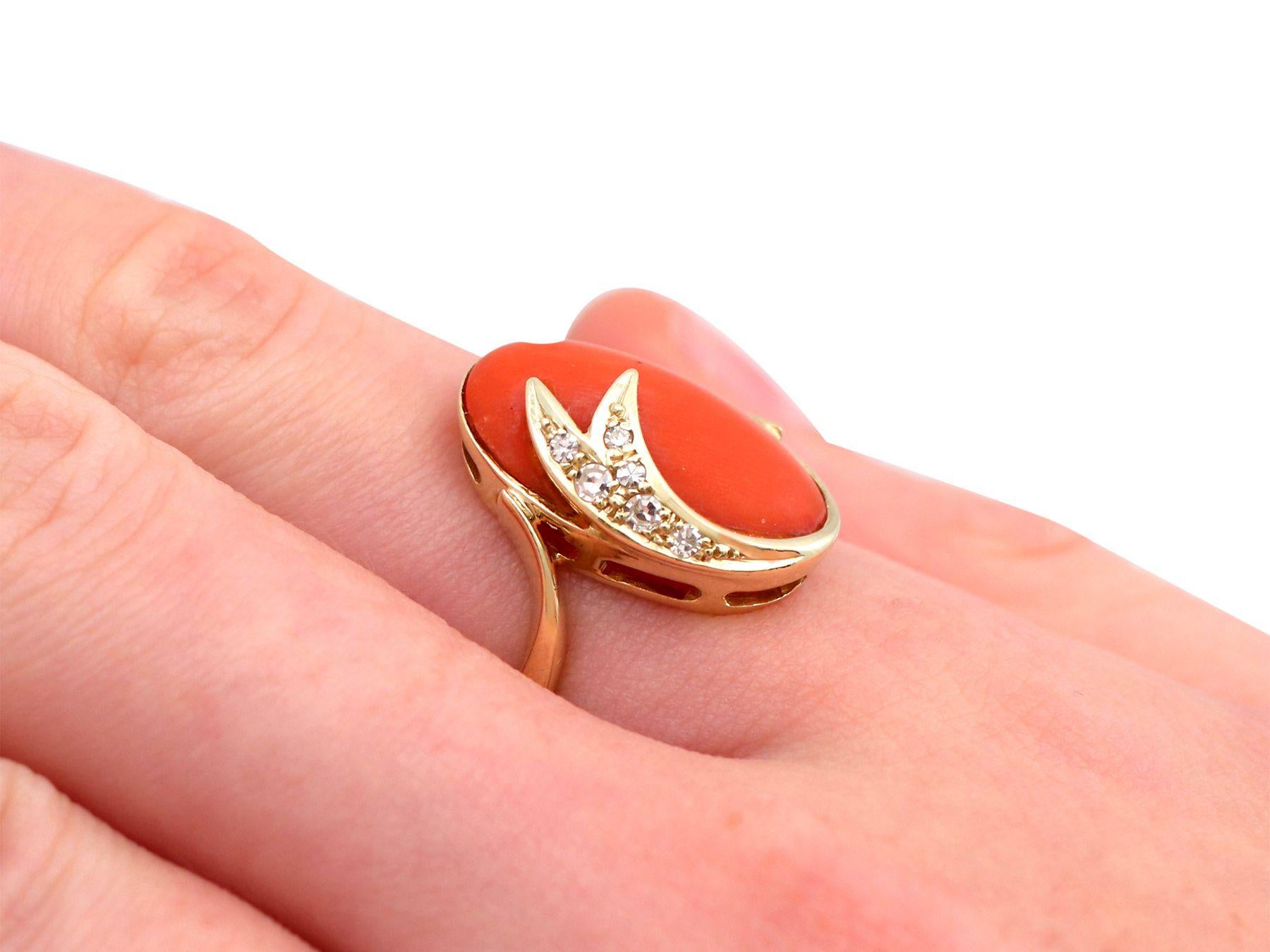 5.42 Carat Cabochon Cut Coral and Diamond Yellow Gold Cocktail Ring For Sale 1
