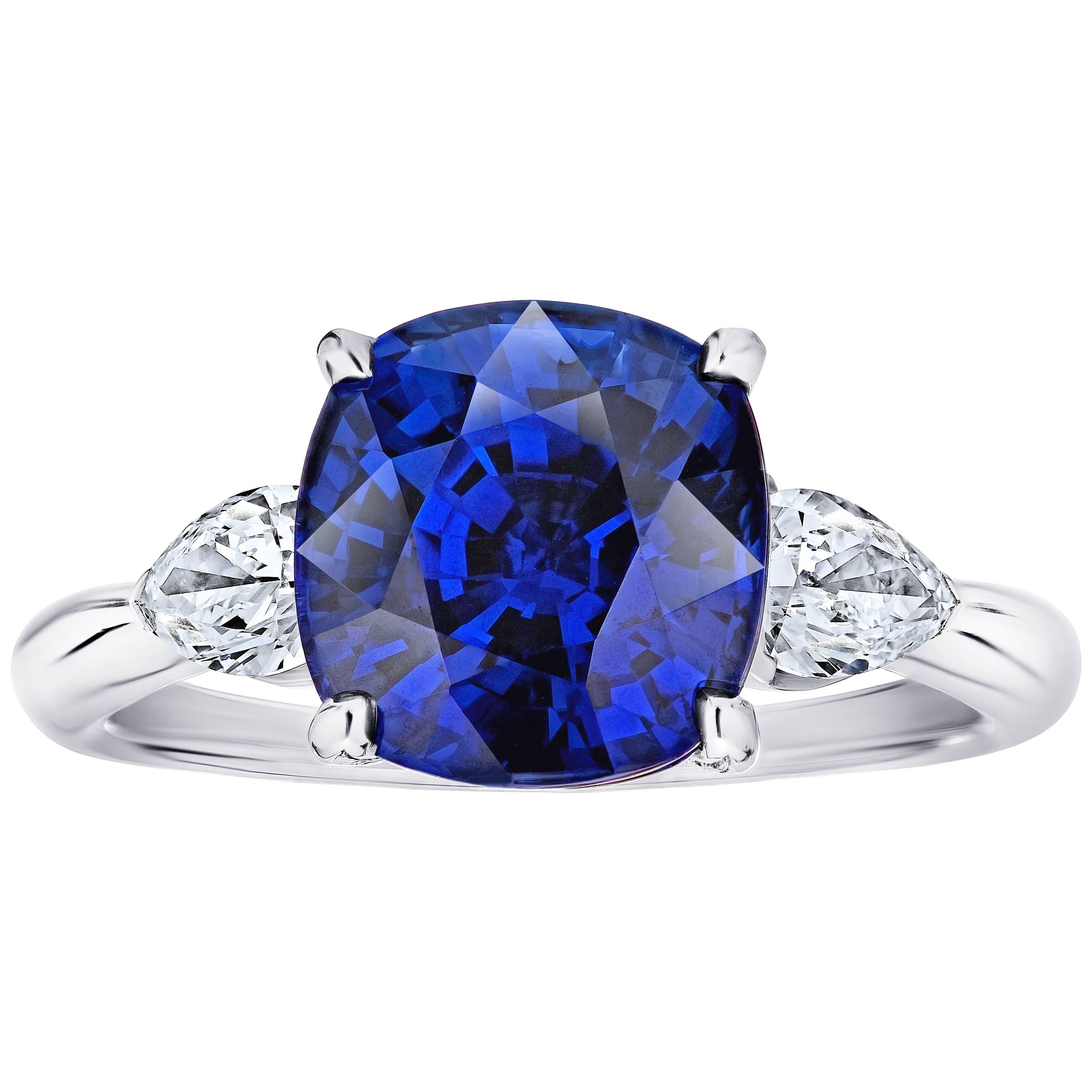 5.42 Carat Cushion Blue Sapphire and Diamond Platinum Ring