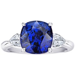 5.42 Carat Cushion Blue Sapphire and Diamond Platinum Ring