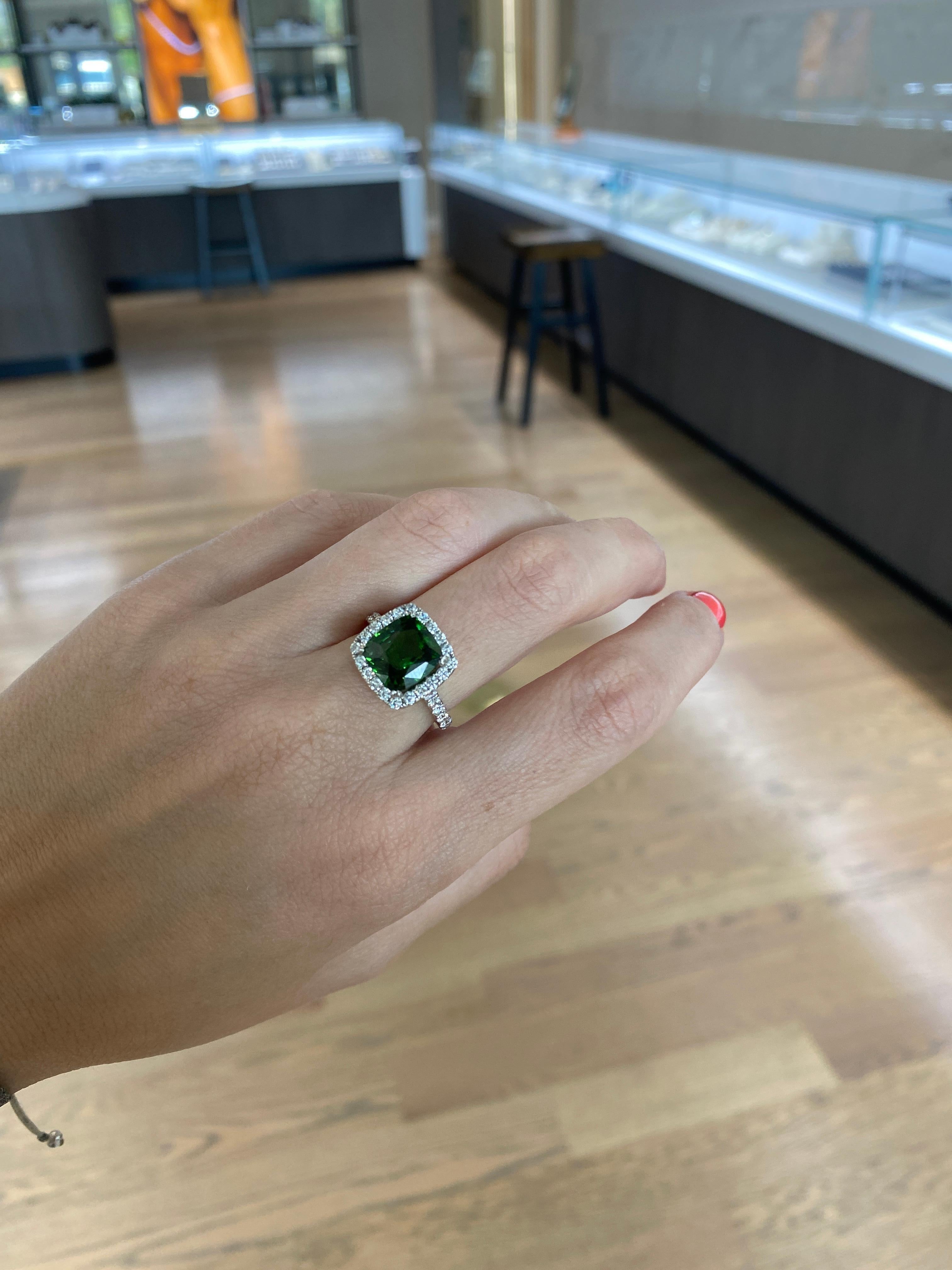 5.42 Carat Cushion Cut Green Zircon Ring with 0.52 Carat Total Diamond Halo For Sale 5