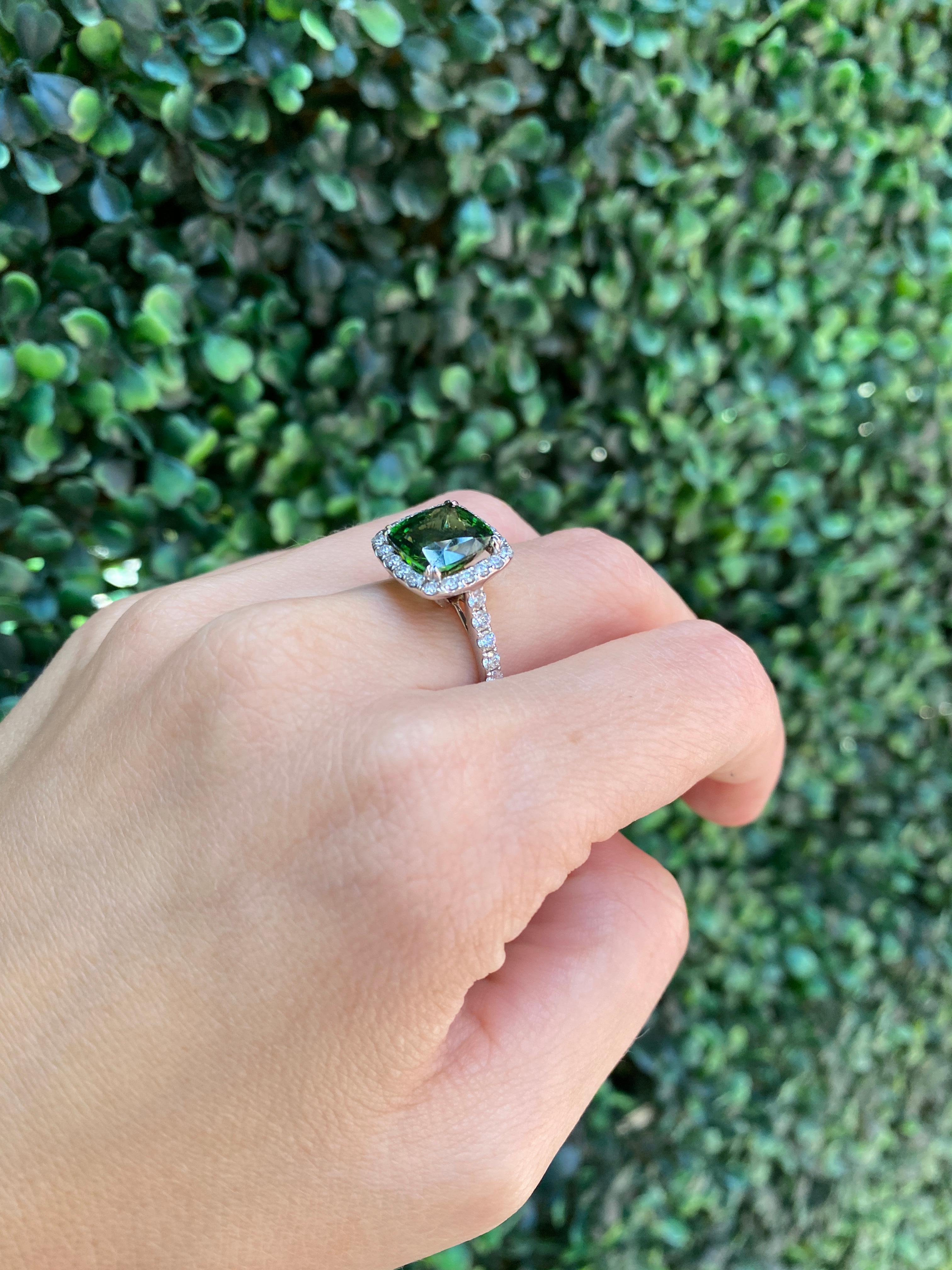 5.42 Carat Cushion Cut Green Zircon Ring with 0.52 Carat Total Diamond Halo For Sale 3