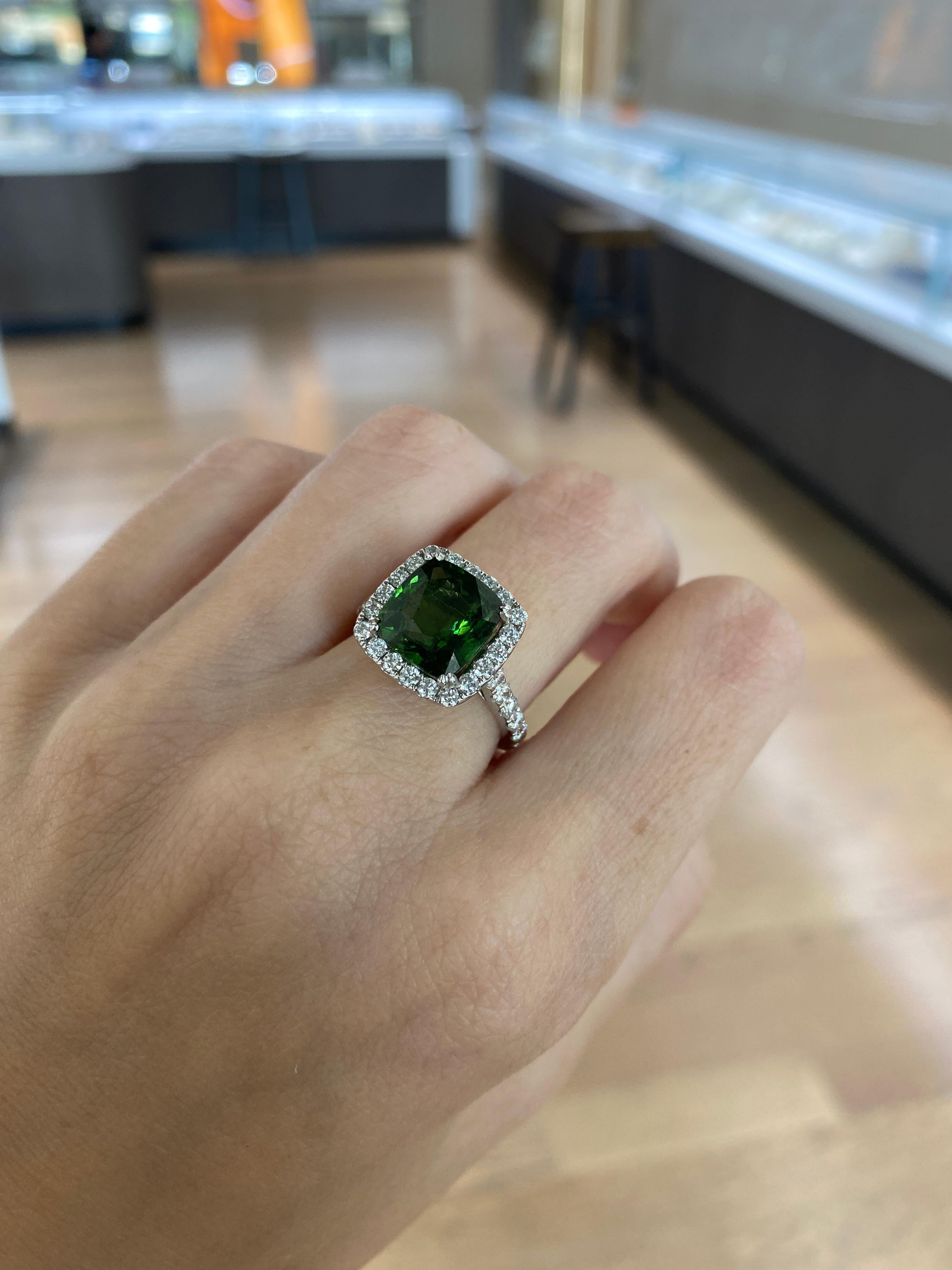 5.42 Carat Cushion Cut Green Zircon Ring with 0.52 Carat Total Diamond Halo In New Condition For Sale In Houston, TX