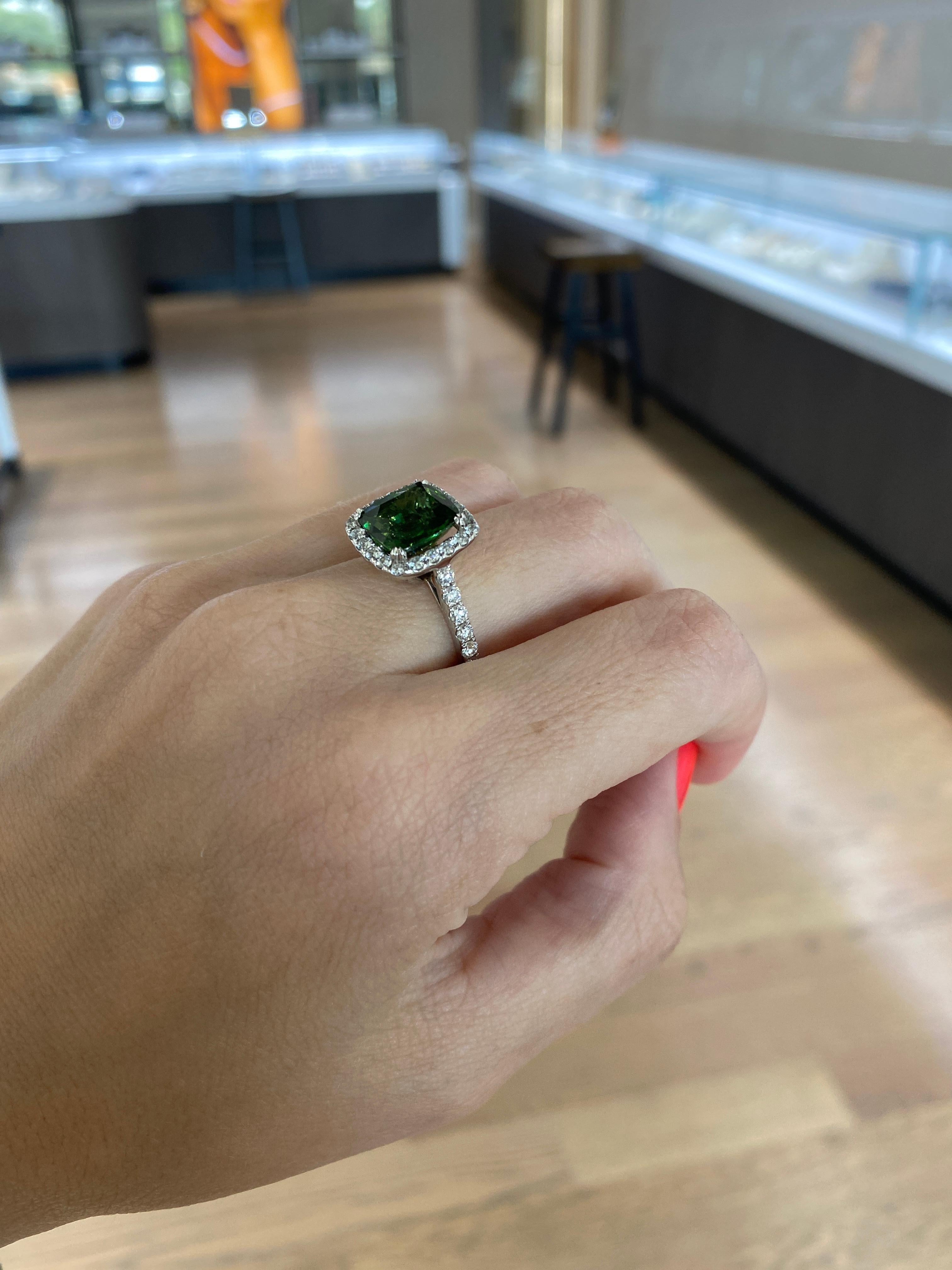 5.42 Carat Cushion Cut Green Zircon Ring with 0.52 Carat Total Diamond Halo For Sale 4