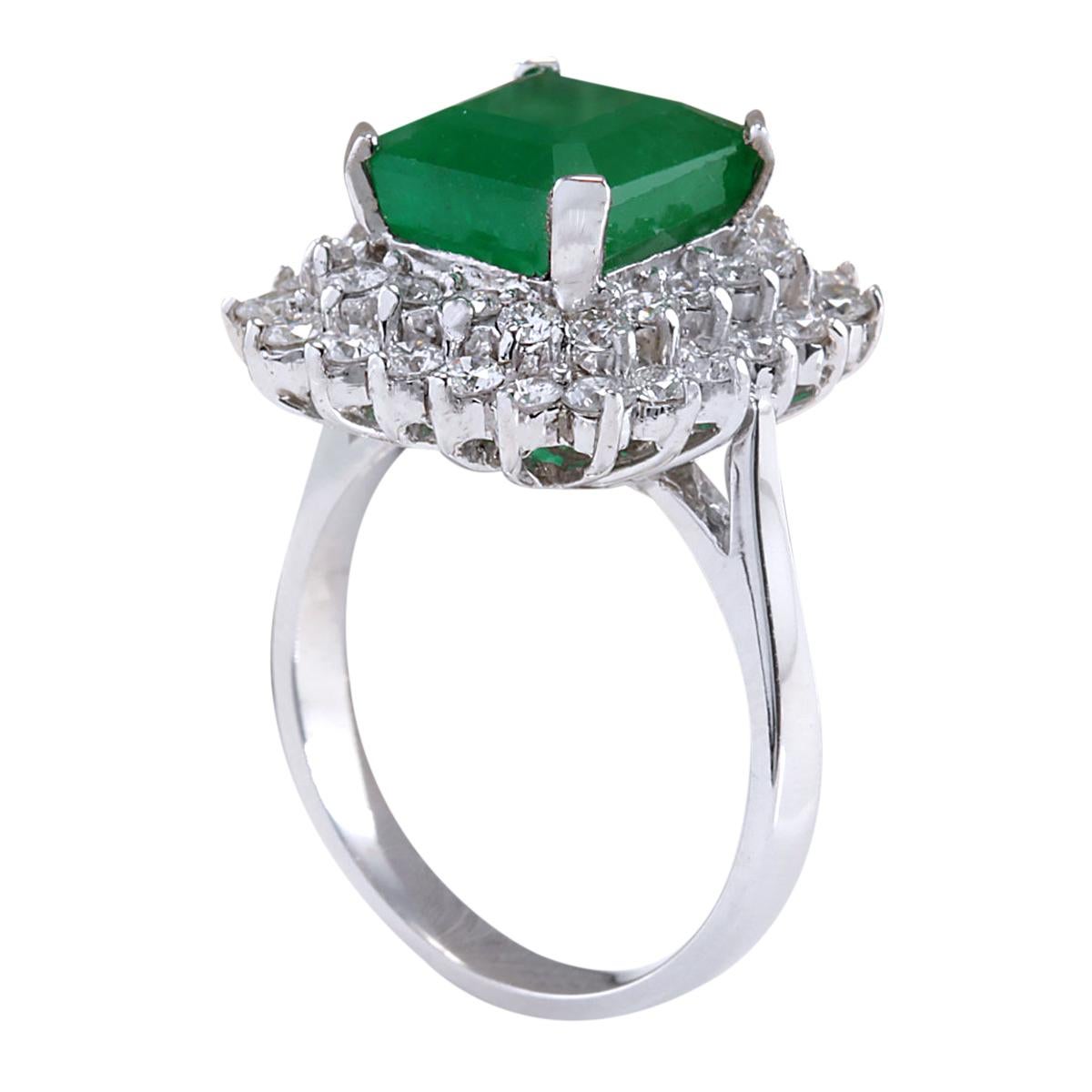 Emerald Cut 5.42 Carat Natural Emerald 14 Karat White Gold Diamond Ring For Sale