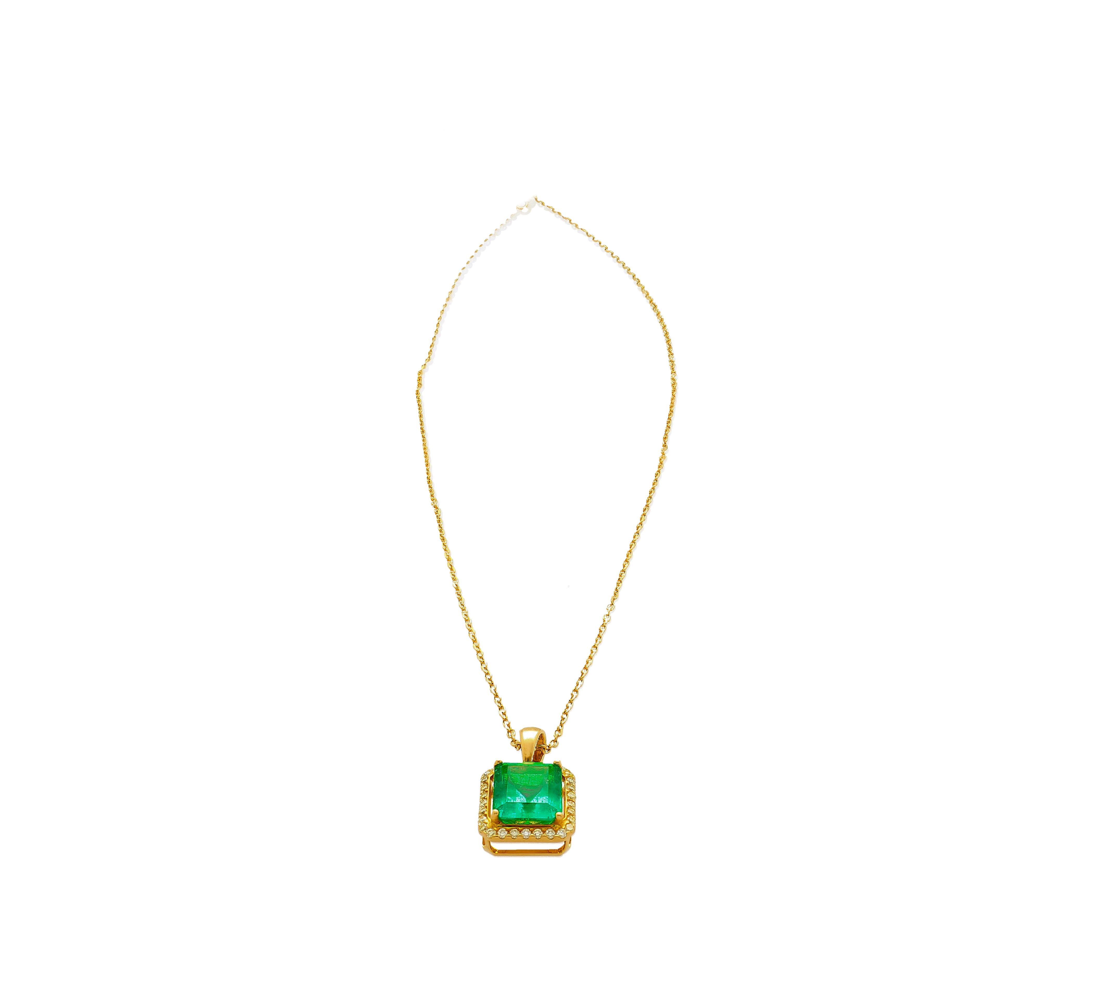 Emerald Cut 5.42 Carat Natural Emerald Pendant Necklace with Yellow Diamond Halo in 18k Gold For Sale