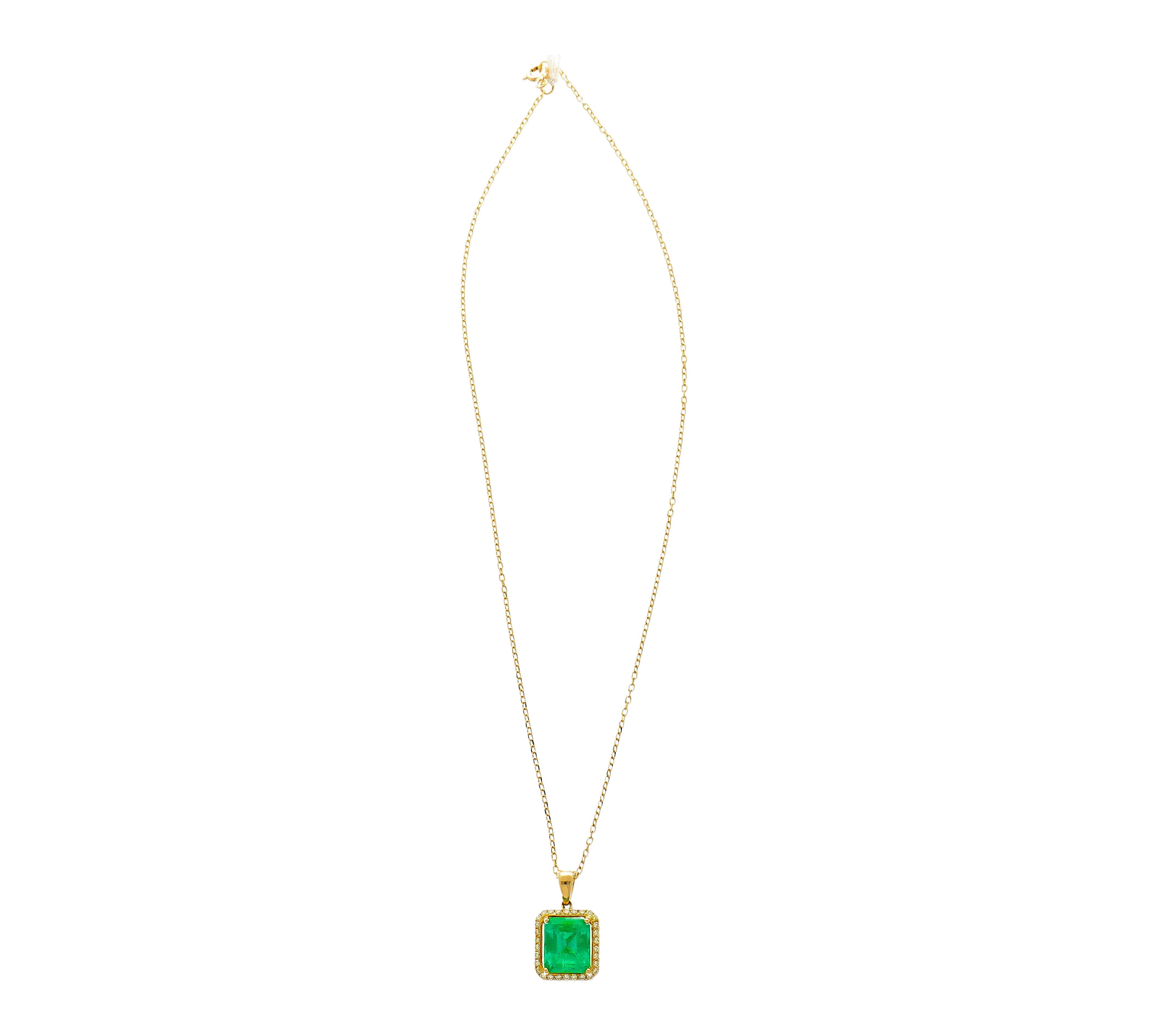 Women's 5.42 Carat Natural Emerald Pendant Necklace with Yellow Diamond Halo in 18k Gold For Sale