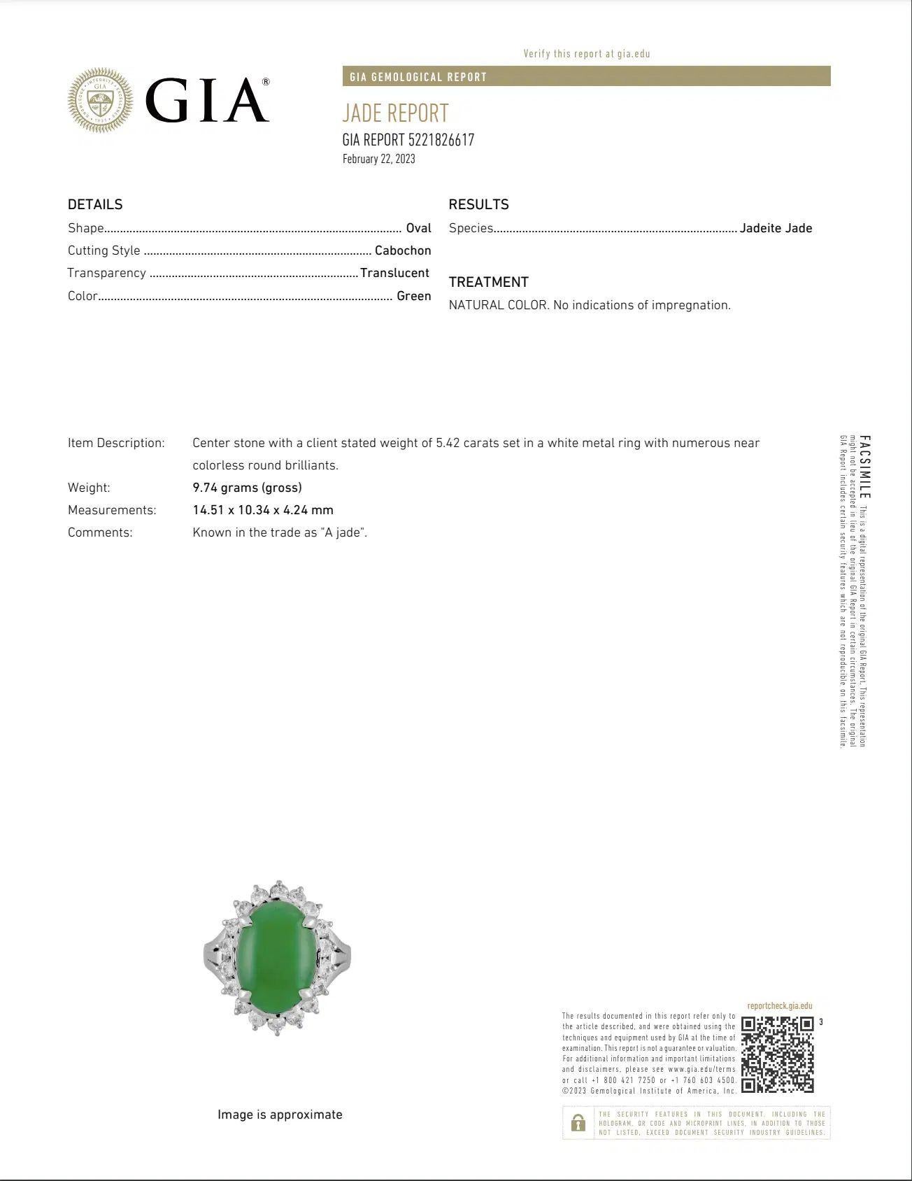 5.42 Carat Oval A Jade GIA and RBC Diamond Platinum Ring For Sale 1