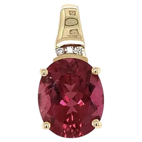 Pendentif vintage en or avec tourmaline rubellite ovale de 5,42 carats et diamant