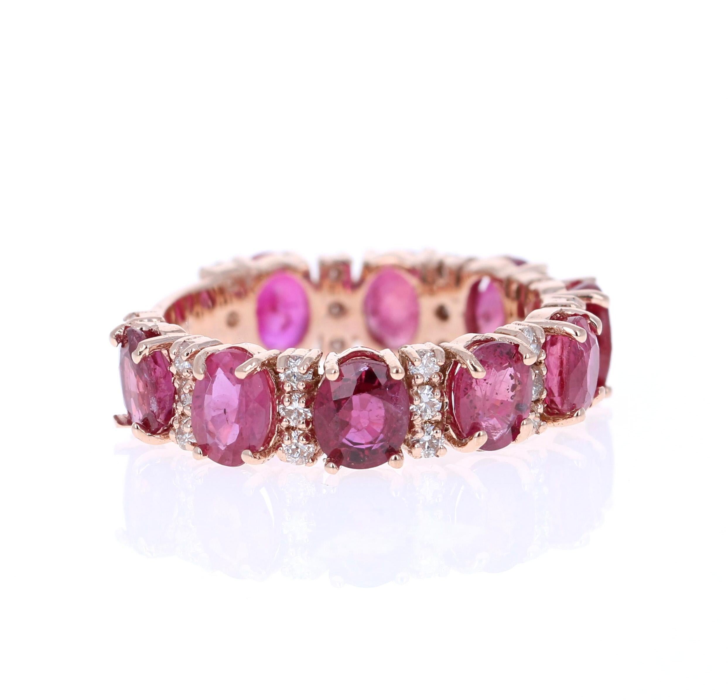 This unique band has 9 Oval Cut Ruby that weighs 4.95 Carats and 30 Round Cut Diamonds that weigh 0.47 Carats. The Total Carat Weight of the Band is 5.42 Carats. The diamonds have a clarity of VS and color of H. 
The rubies are natural and have