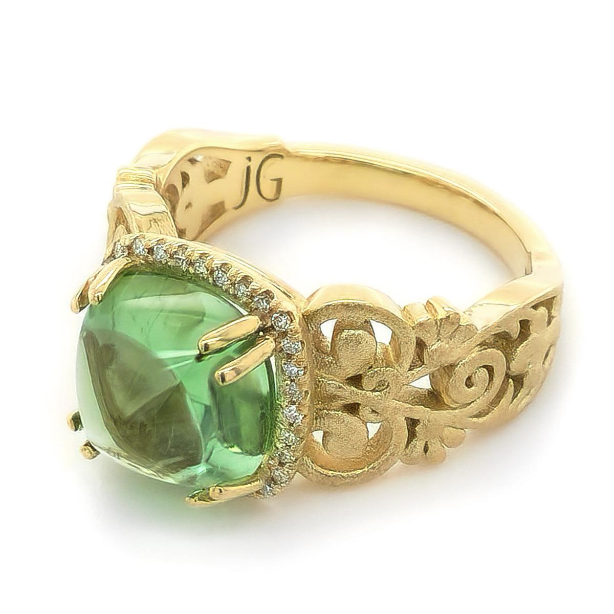 Mixed Cut 5.42 Carat  Sugarloaf Green Tourmaline Diamond set in  Yellow Gold Ring  For Sale